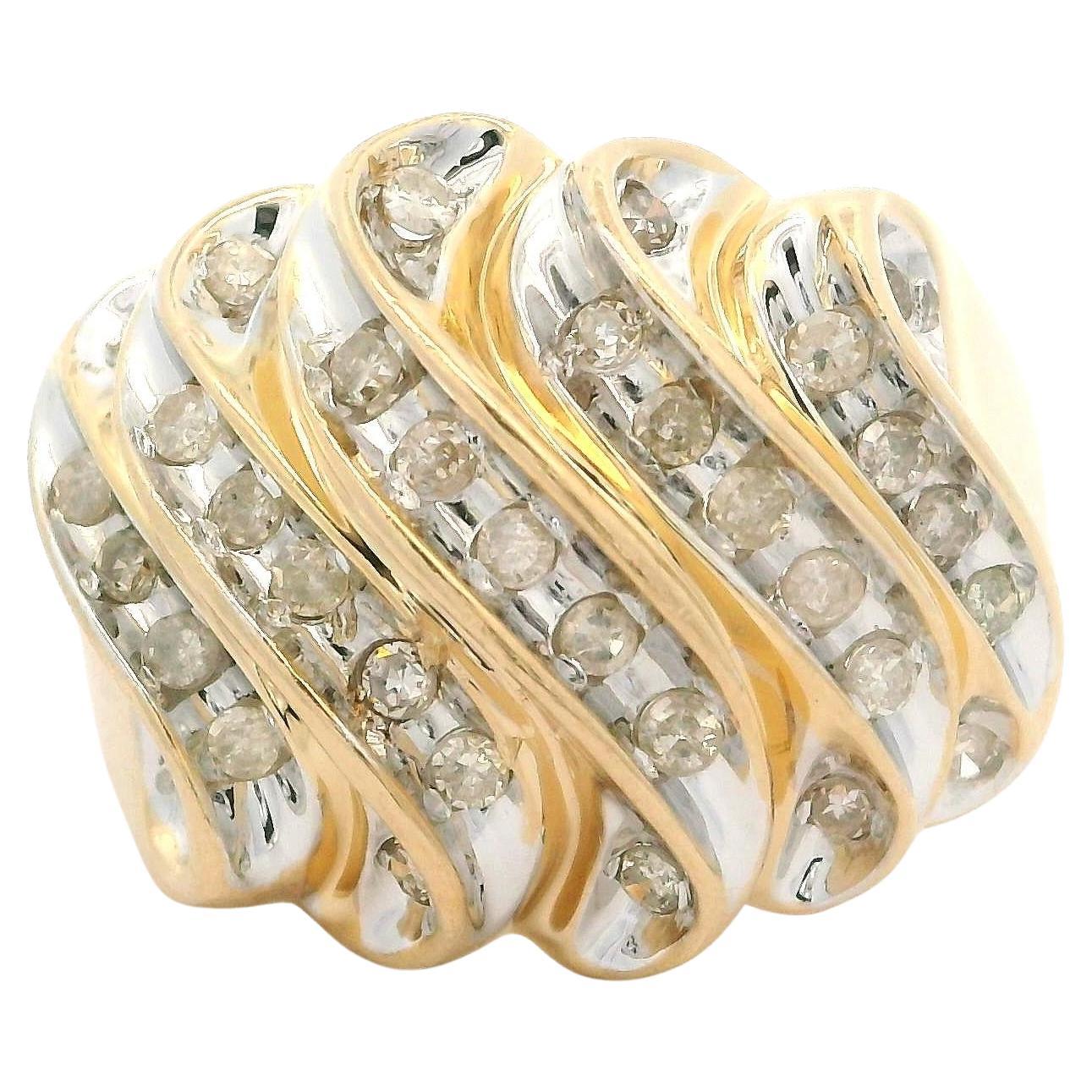 Large 14k Yellow Gold 0.50ctw Diamond Wide Grooved Wavy Cigar Band Ring