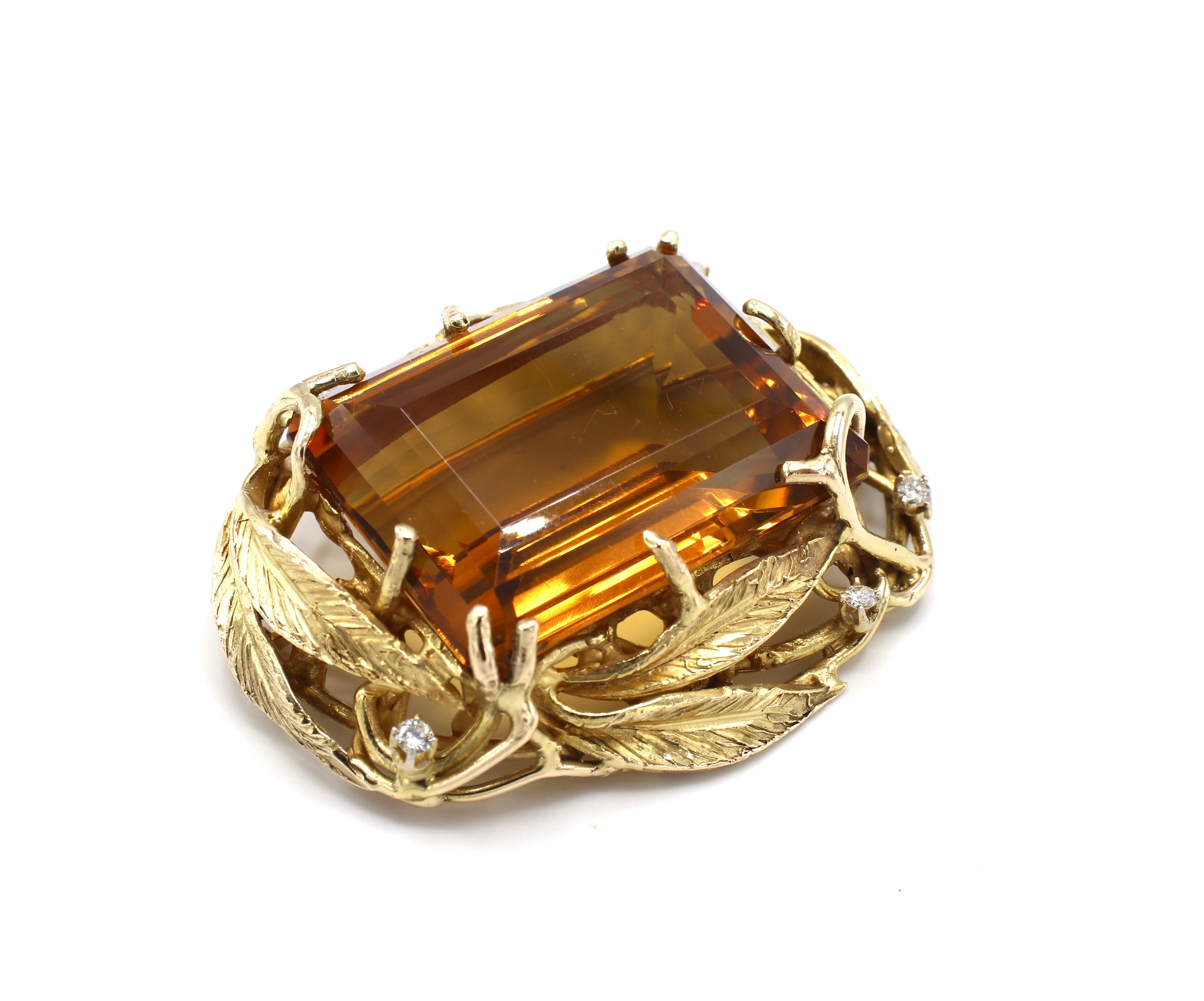 Large 14K Yellow Gold Citrine & Diamond Pin Brooch

Metal: 14k yellow gold
Weight: 55 grams
Citrine: 35 x 26 x 16, approx. 98 carats
Diamonds: 5 round brilliant cut diamonds, approx. 0.40 carats, G-H SI
Pin Length: 55mm
Pin Width: 41mm
Signed: