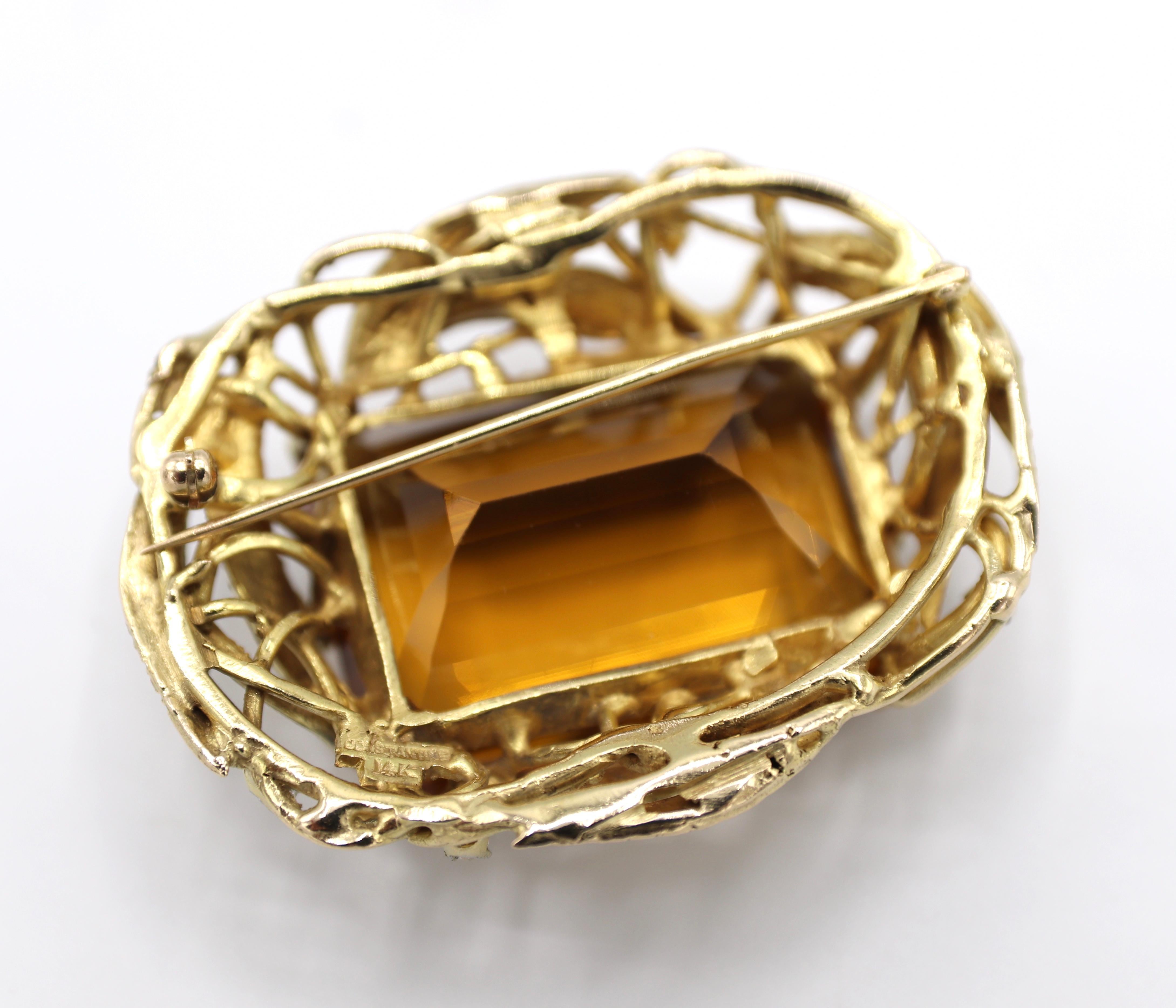 Large 14 Karat Yellow Gold Citrine and Diamond Pin Brooch In Good Condition In  Baltimore, MD