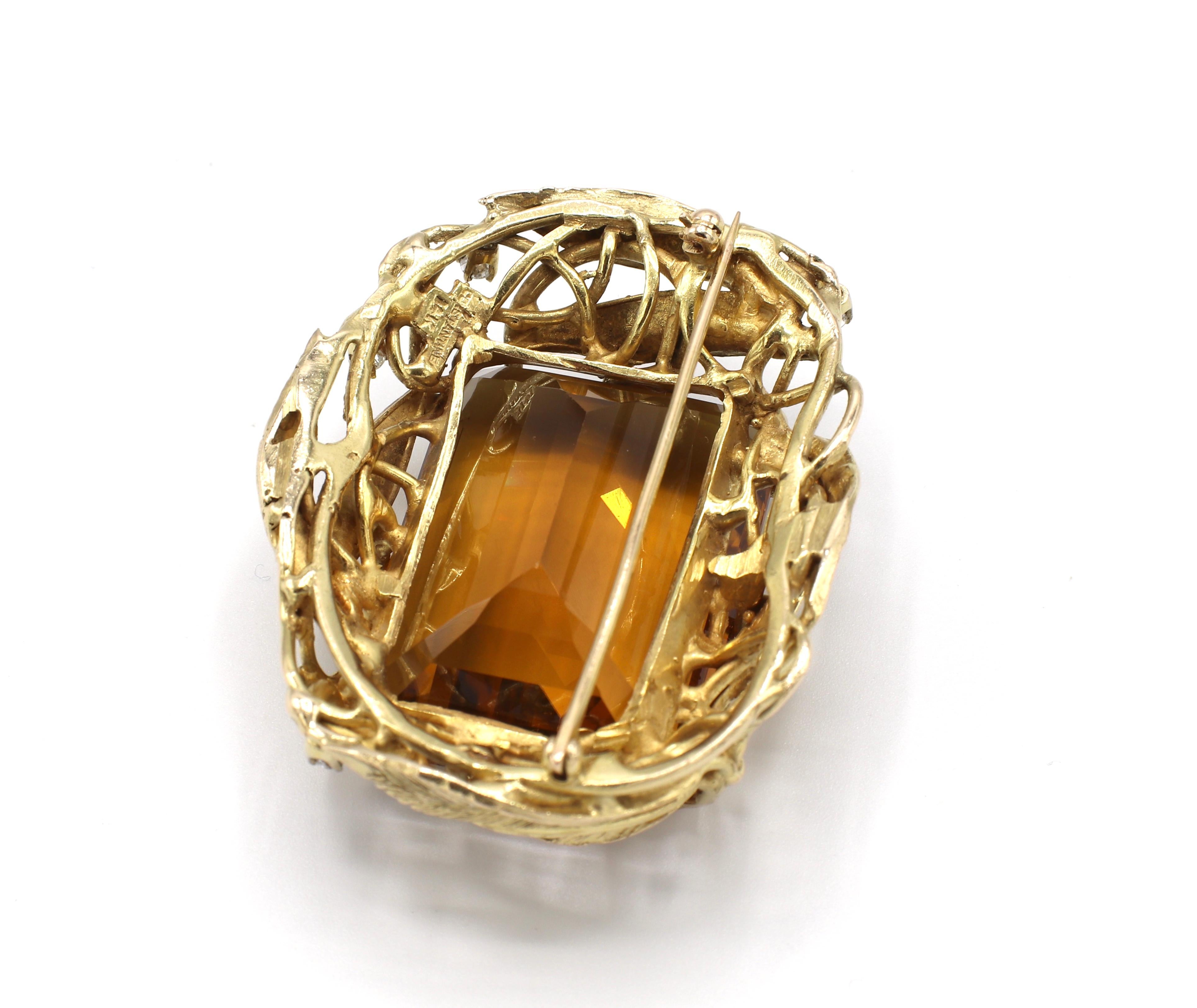 Large 14 Karat Yellow Gold Citrine and Diamond Pin Brooch 2