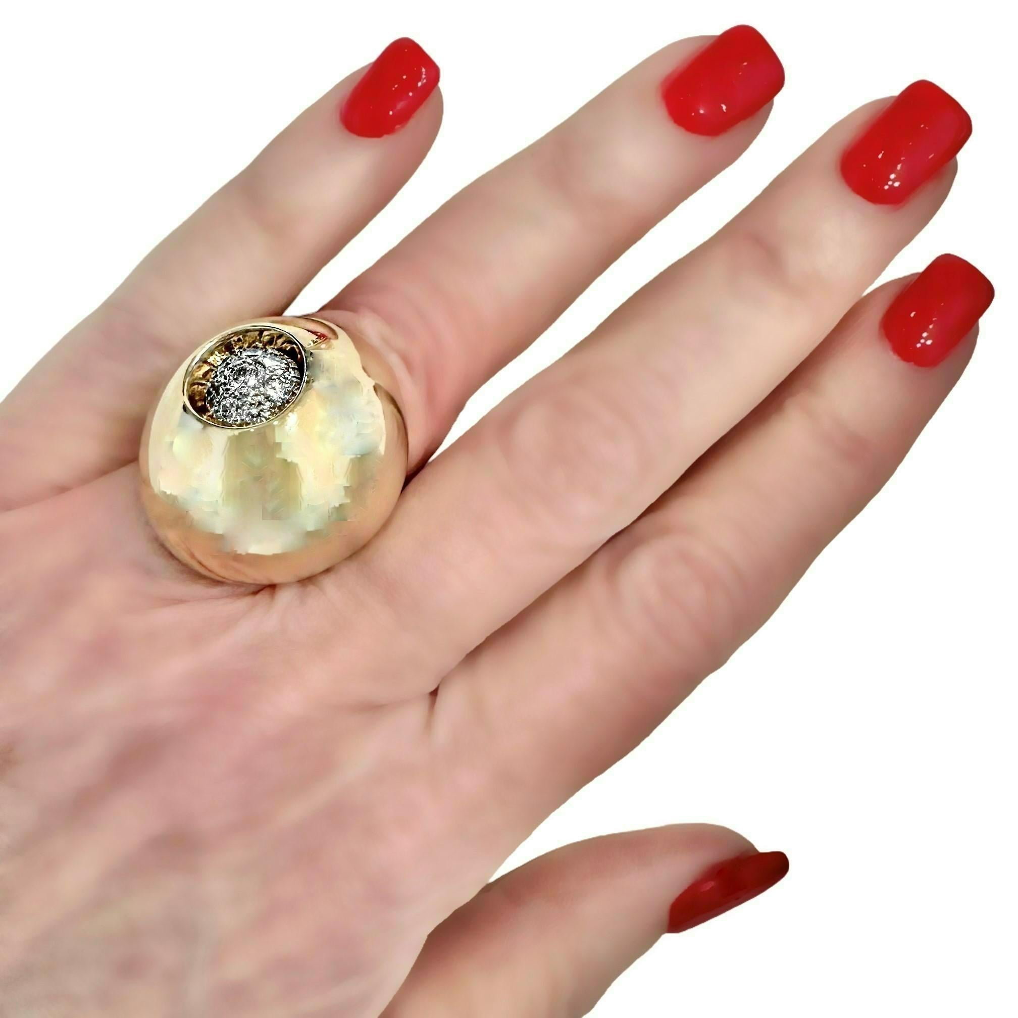 Large 14k Yellow Gold Modernist Dome Ring with Diamonds For Sale 3
