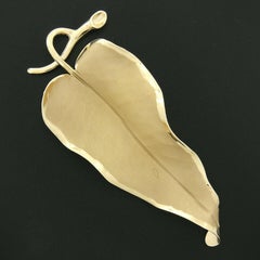 Large 14k Yellow Gold Polished & Matte Finish Textured Realistic Leaf Pin Brooch