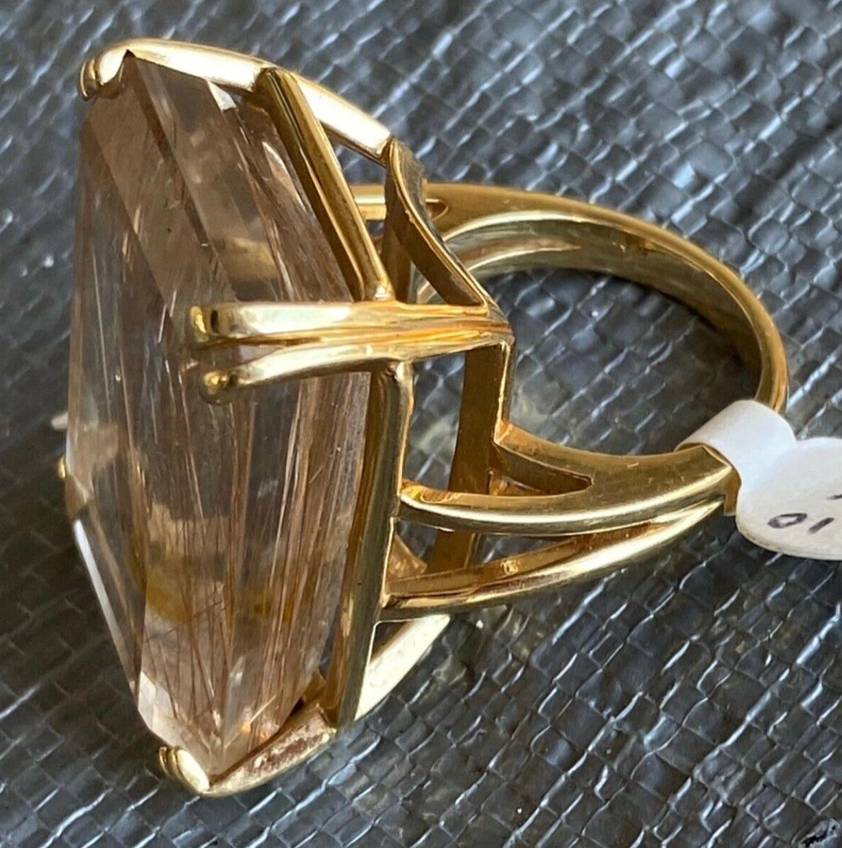 Emerald Cut Large 14K Yellow Gold Reticulated Quartz Cocktail Ring For Sale