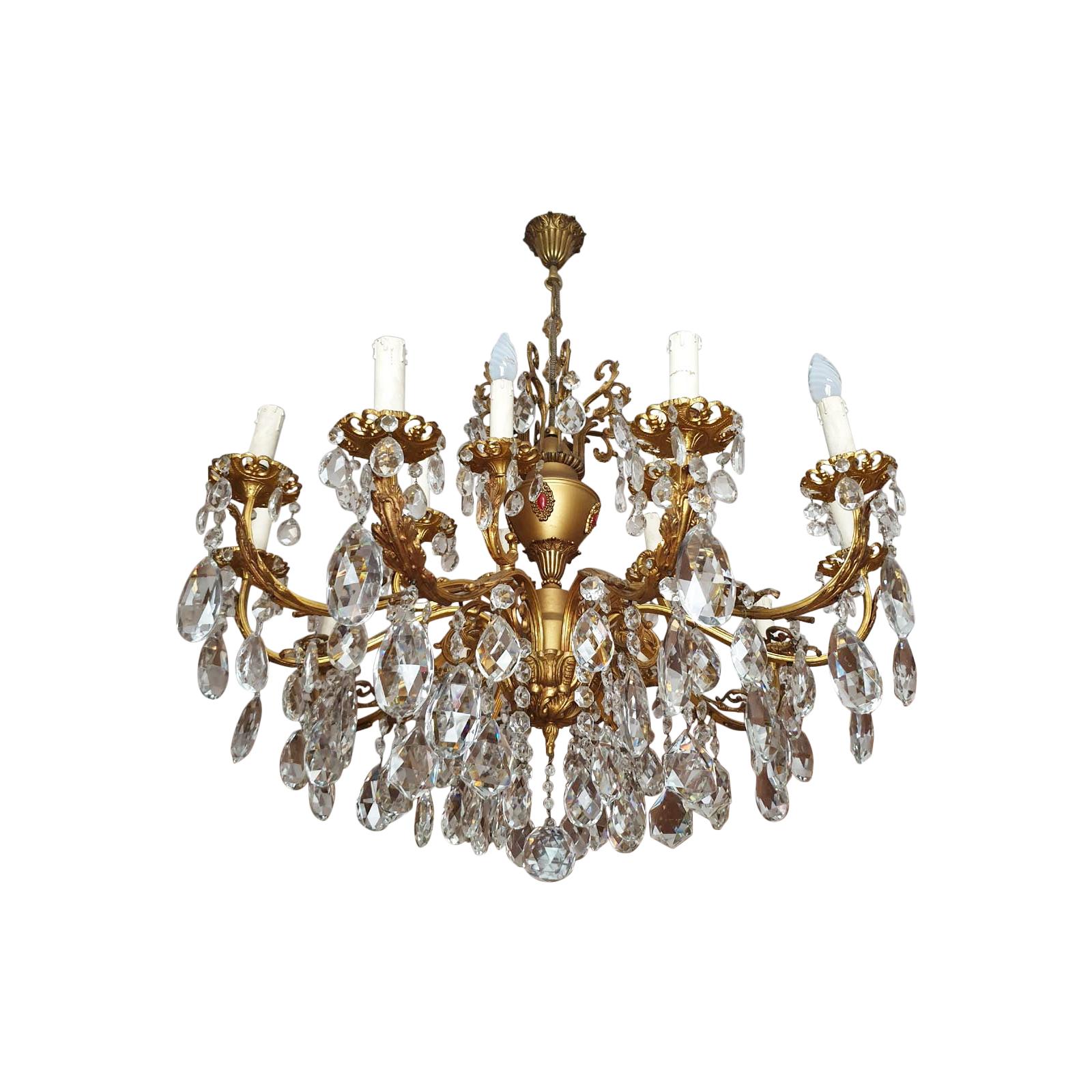 Large 15-Candles Chandelier in Rococo Style, Metal and Crystal For Sale