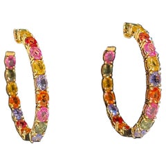 Large 15 Carat Vivid Multi-Color Sapphire Oval Hoop Earrings in 18K Yellow Gold