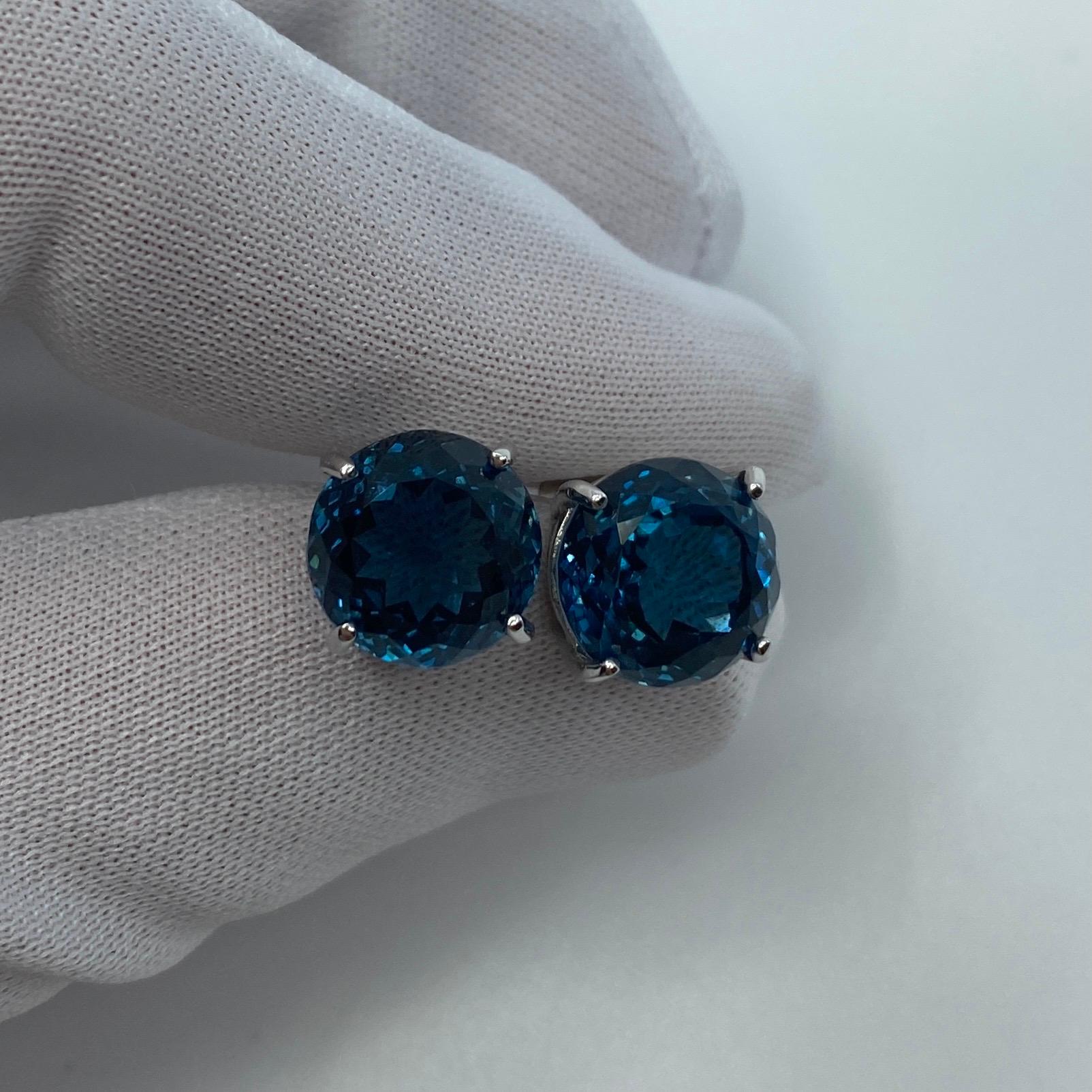 Large 15.60ct Fine London Blue Topaz Round Cut 18k White Gold Earring Studs For Sale 7