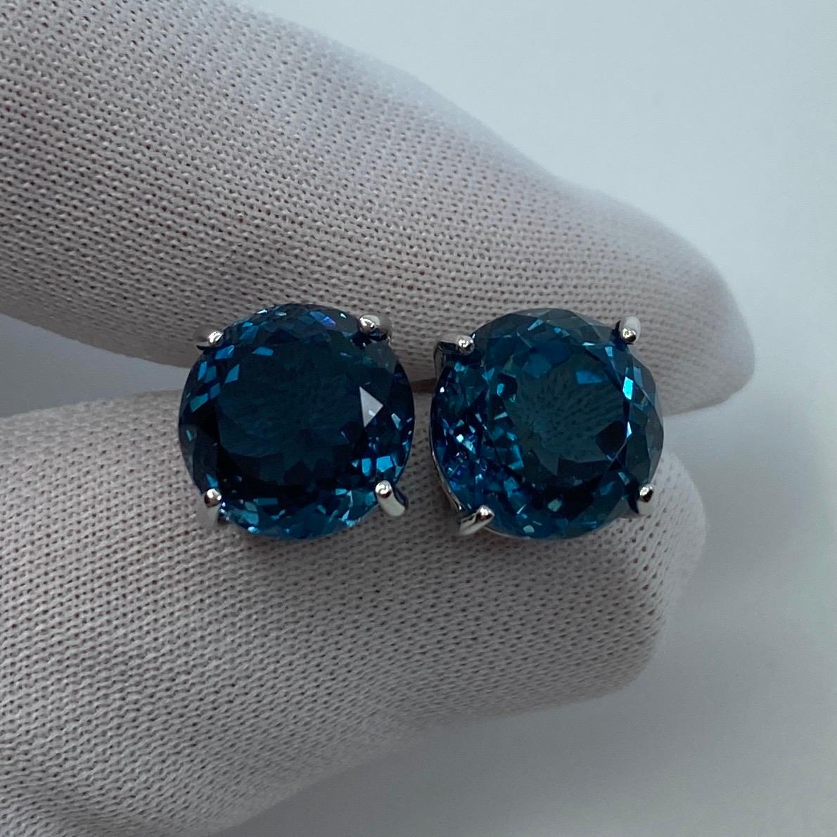 Women's or Men's Large 15.60ct Fine London Blue Topaz Round Cut 18k White Gold Earring Studs For Sale