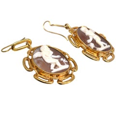 Large 15ct Gold Cameo Earrings of Cupid & Butterfly, 19th Century