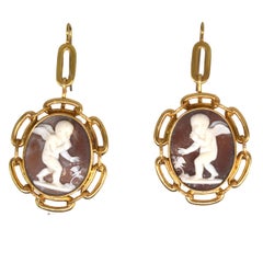 Large 15ct Gold Cameo Earrings of Cupid & Butterfly, 19th Century