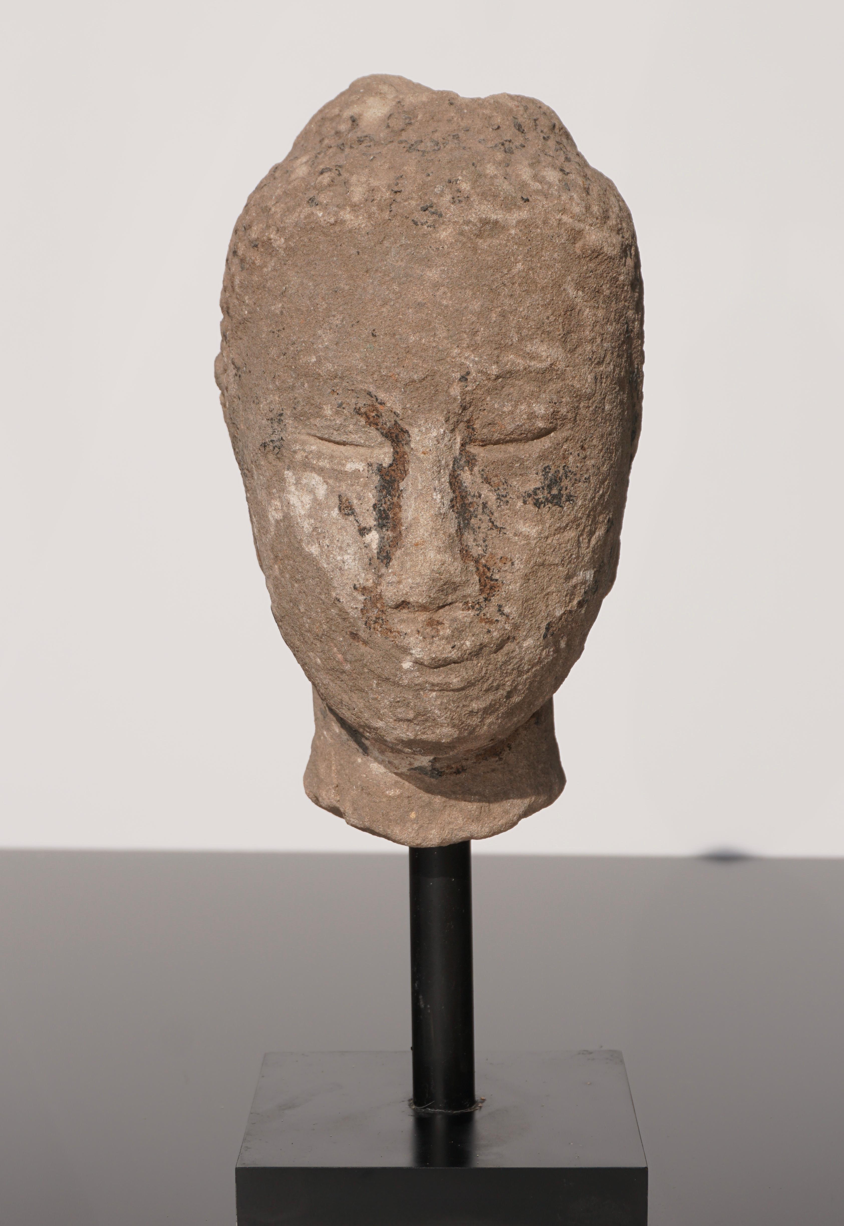 Hand-Carved Large 15th-16th Century Sandstone Thai Buddha Head