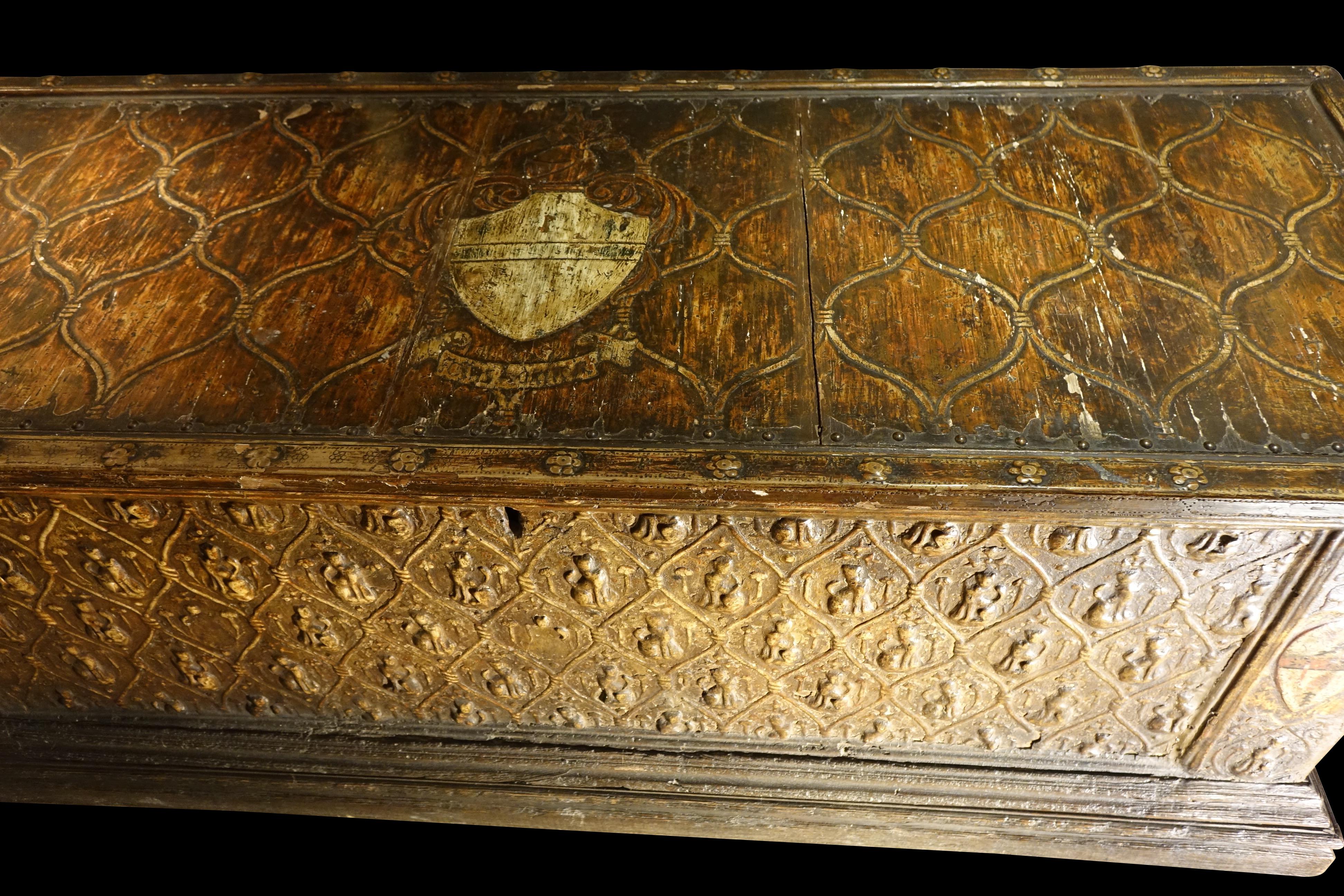 Gilt Large 15th Century Wedding Cassone With Pastiglia Decoration, Florence Italy For Sale
