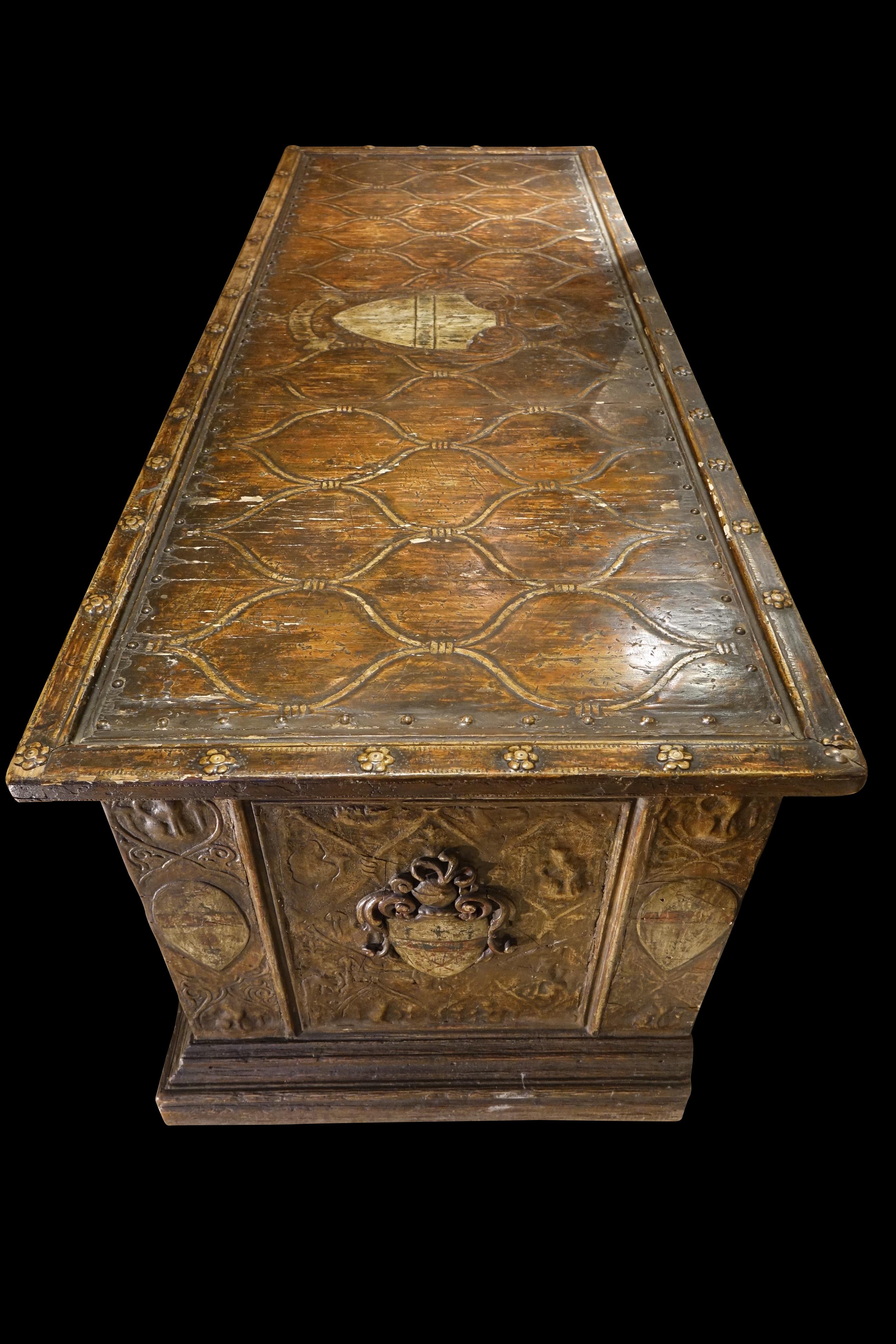 Wood Large 15th Century Wedding Cassone With Pastiglia Decoration, Florence Italy For Sale