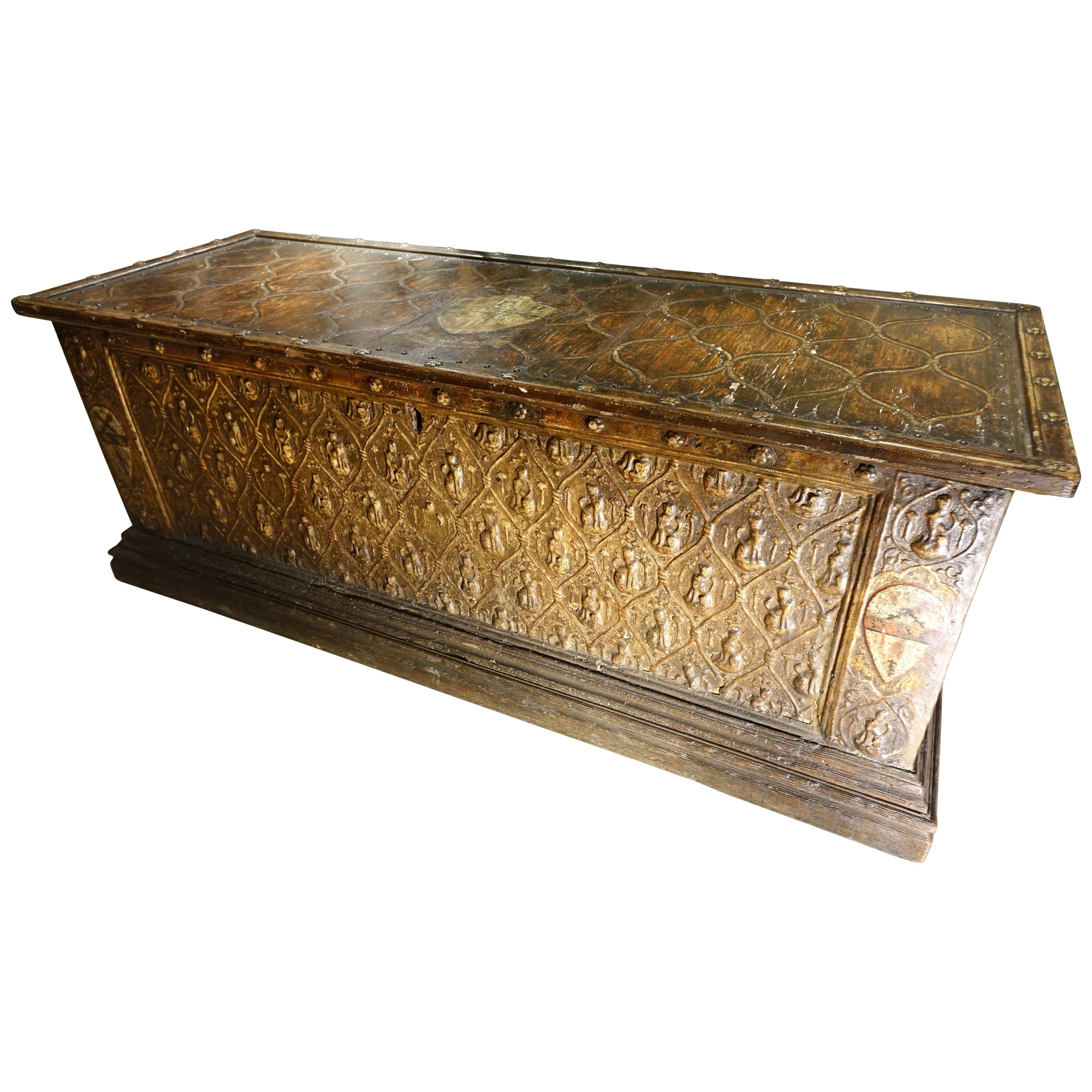 Large 15th Century Wedding Cassone With Pastiglia Decoration, Florence Italy For Sale