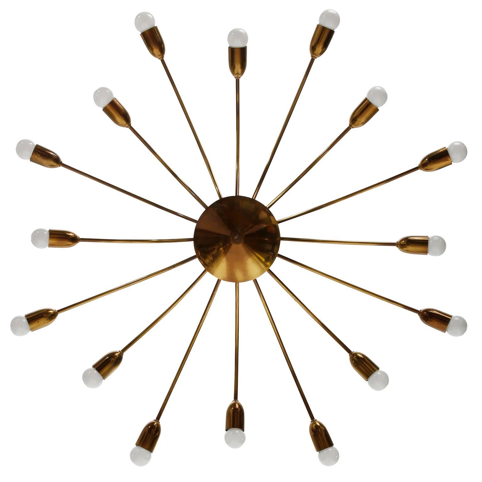 Mid-20th Century Large 16-Arm Chandelier Flush Mount Light, Brass Spider Sputnik, 1960