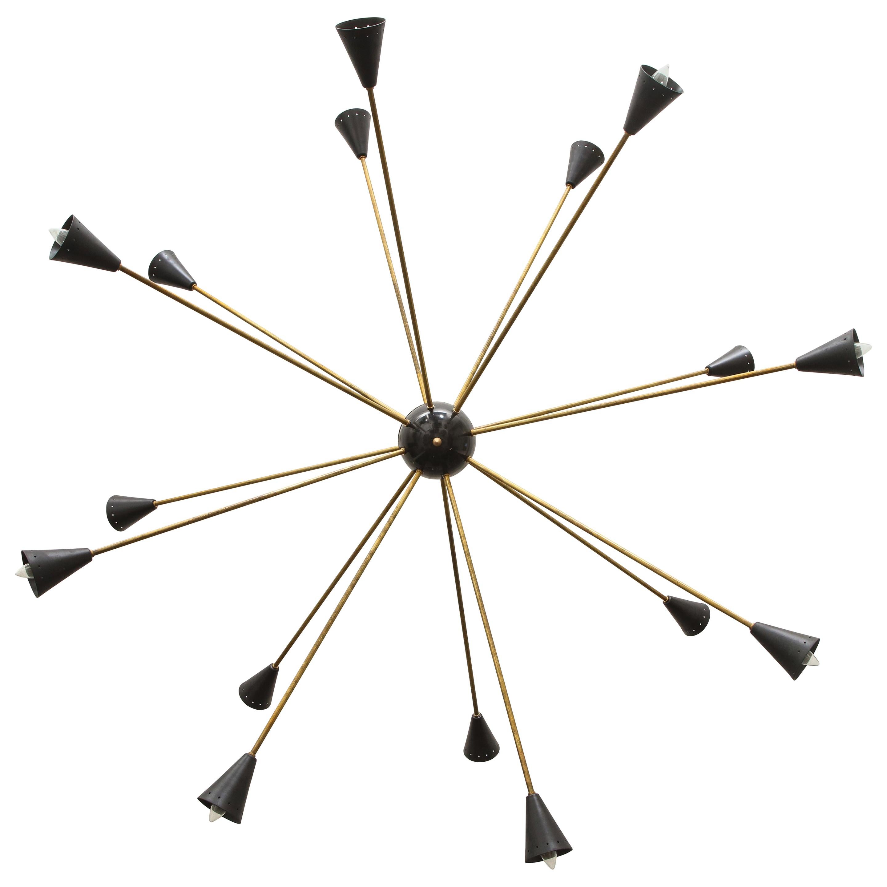 Large 16-Arm Sputnik Brass Black, Stilnovo Style Italian Midcentury Style  For Sale