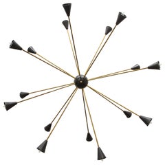 Large 16-Arm Sputnik Brass Black, Stilnovo Style Italian Midcentury Style 