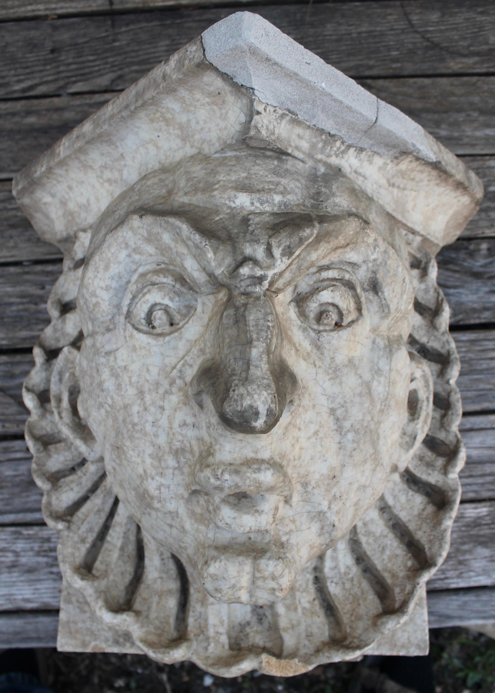This gigantic wind blowing clown head, a large ceramic sculpture and an important example of a decorative genre particular to New York City in the 20's was recently salvaged from a Manhattan West Side Apartment Building on Riverside Drive. Measure: