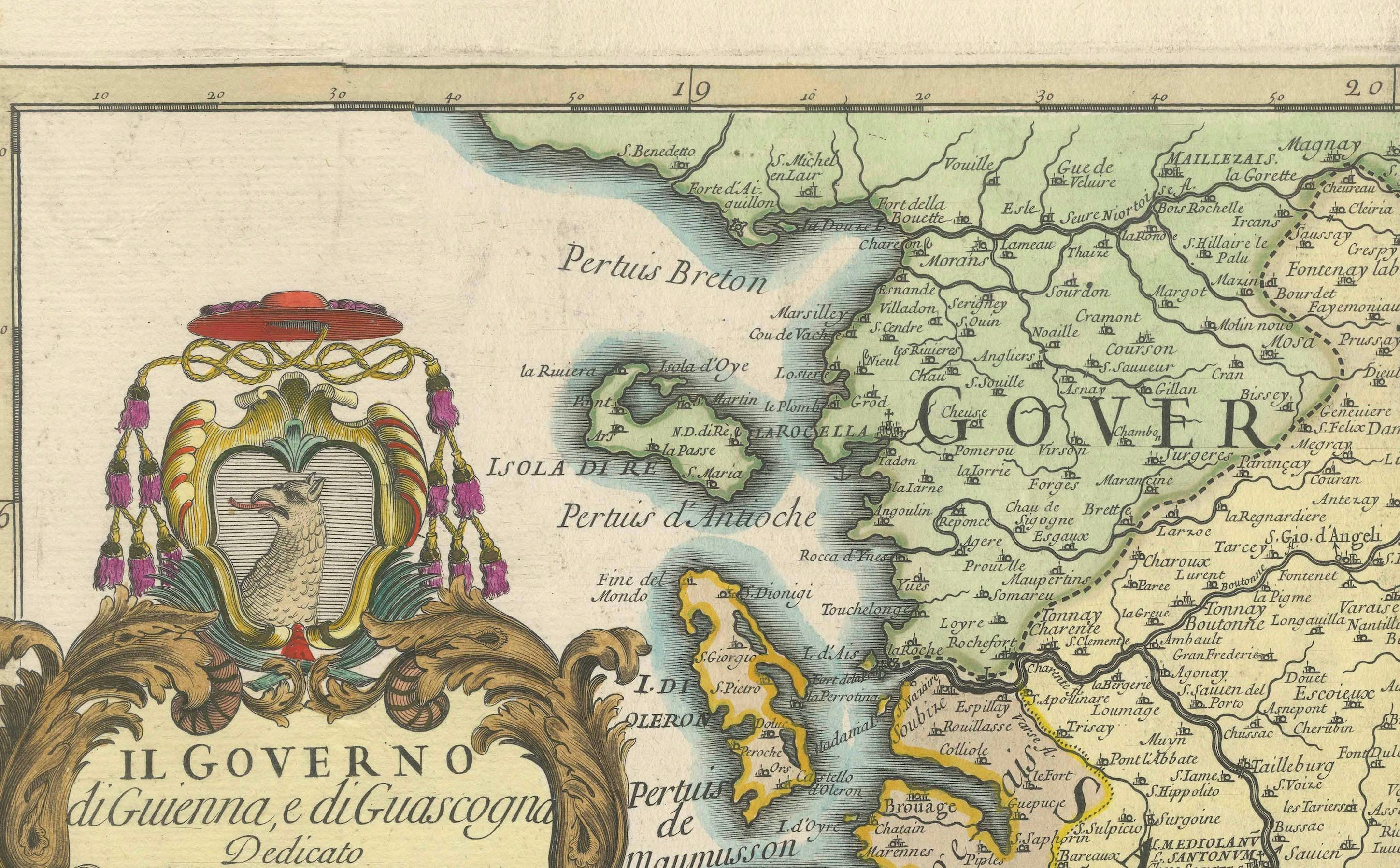 Large 1695 Hand-Colored Engraved Map of Gascony (Gascogna), France In Good Condition For Sale In Langweer, NL