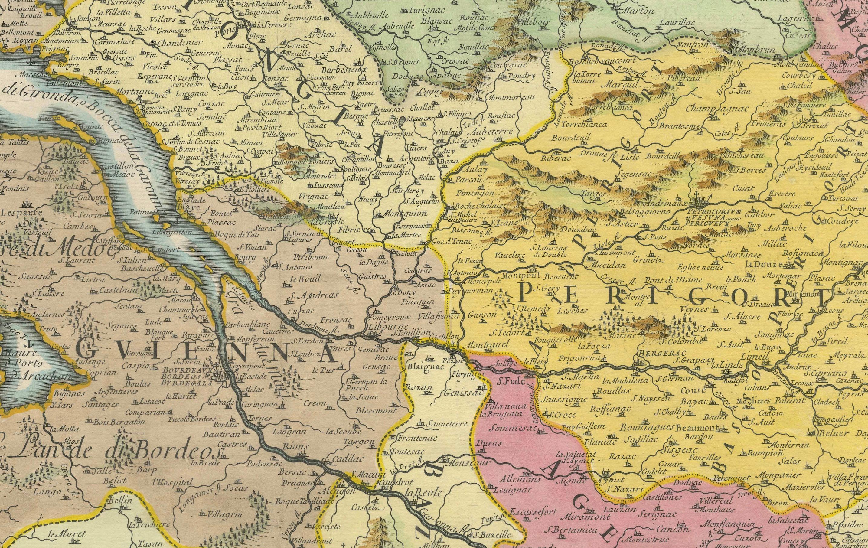 Paper Large 1695 Hand-Colored Engraved Map of Gascony (Gascogna), France For Sale