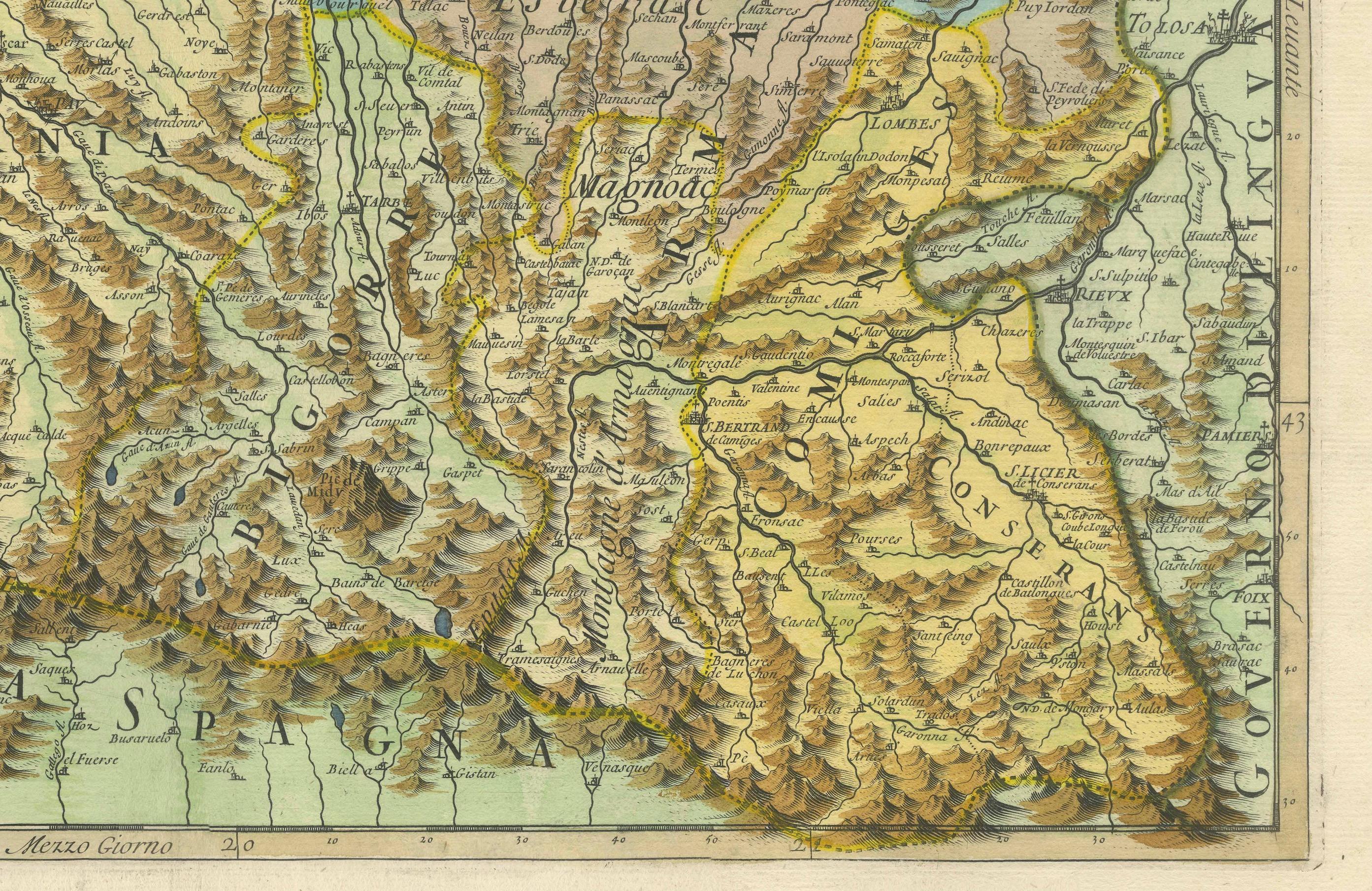 Large 1695 Hand-Colored Engraved Map of Gascony (Gascogna), France For Sale 1