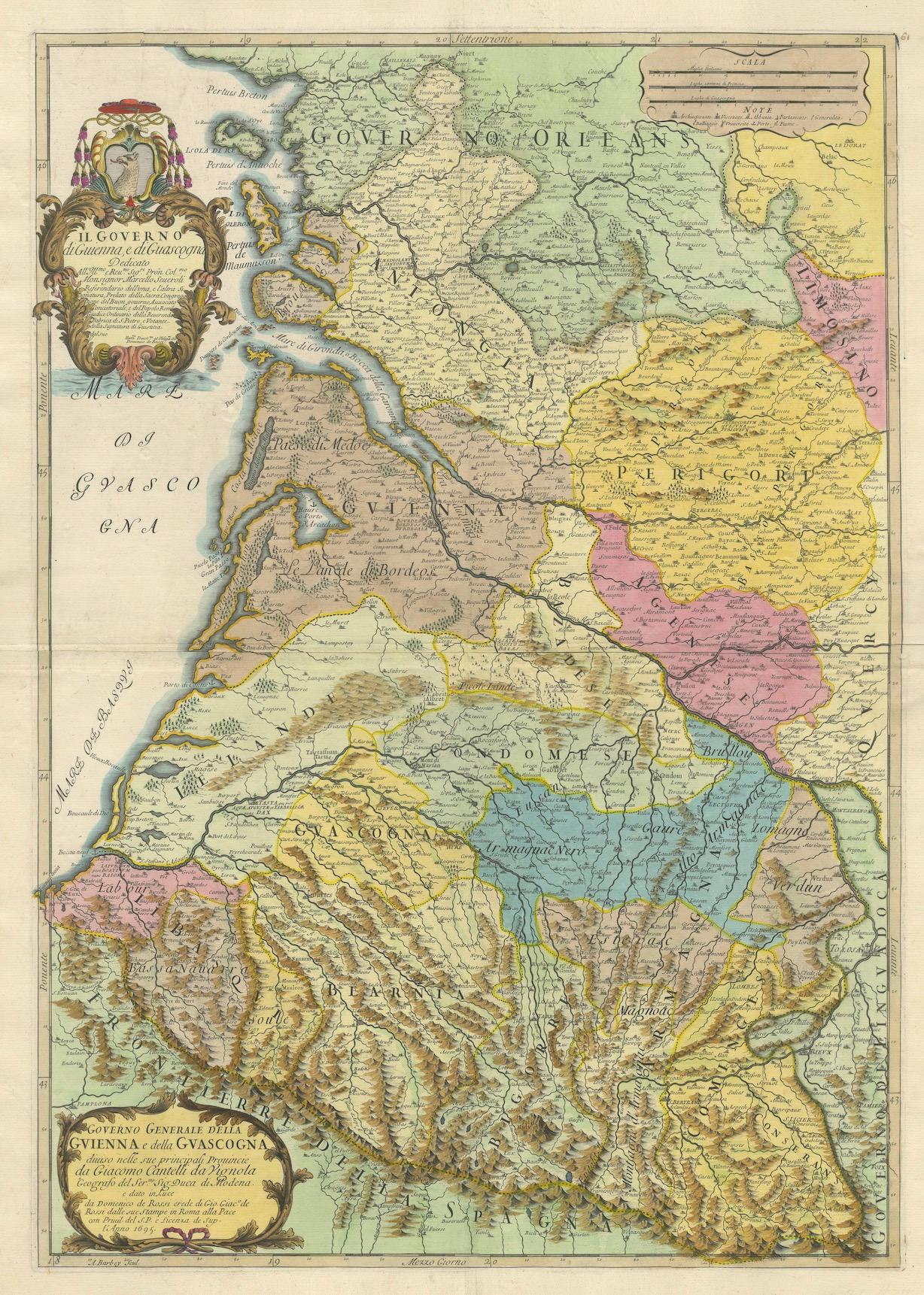 Large 1695 Hand-Colored Engraved Map of Gascony (Gascogna), France For Sale 4