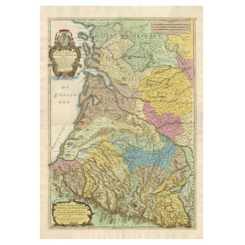 Large 1695 Hand-Colored Engraved Map of Gascony (Gascogna), France