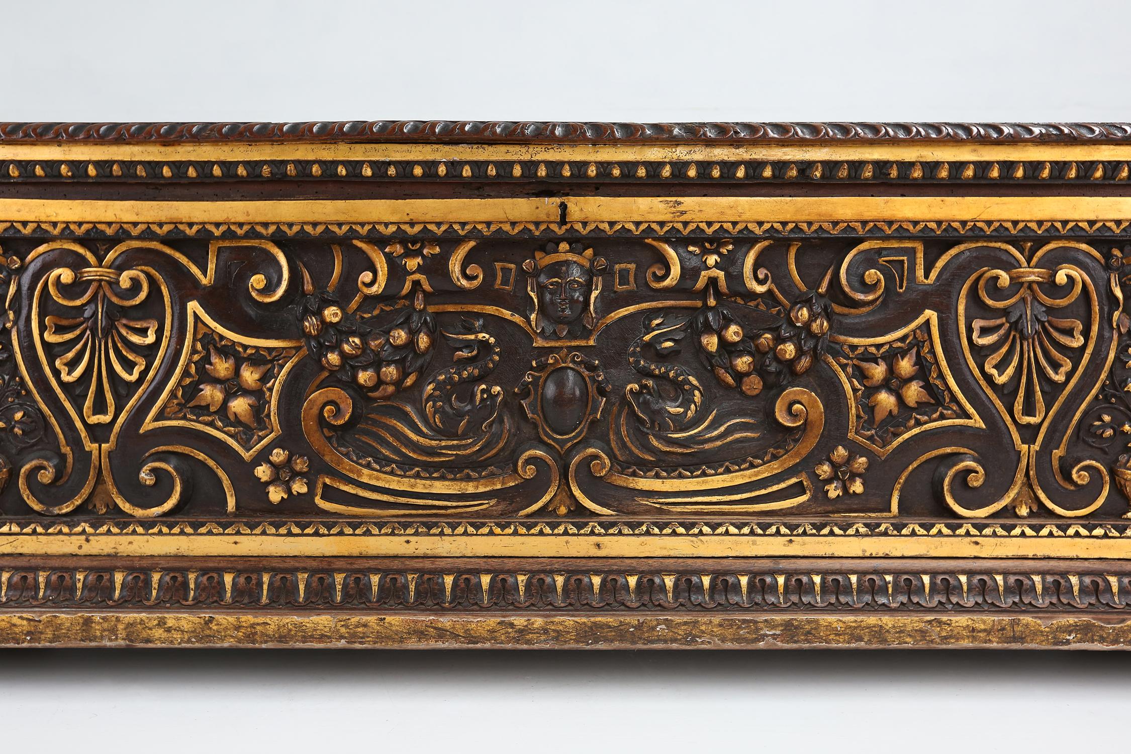 Renaissance Large 16th century carved and polychroom painted oak Venetian chest, Italy For Sale