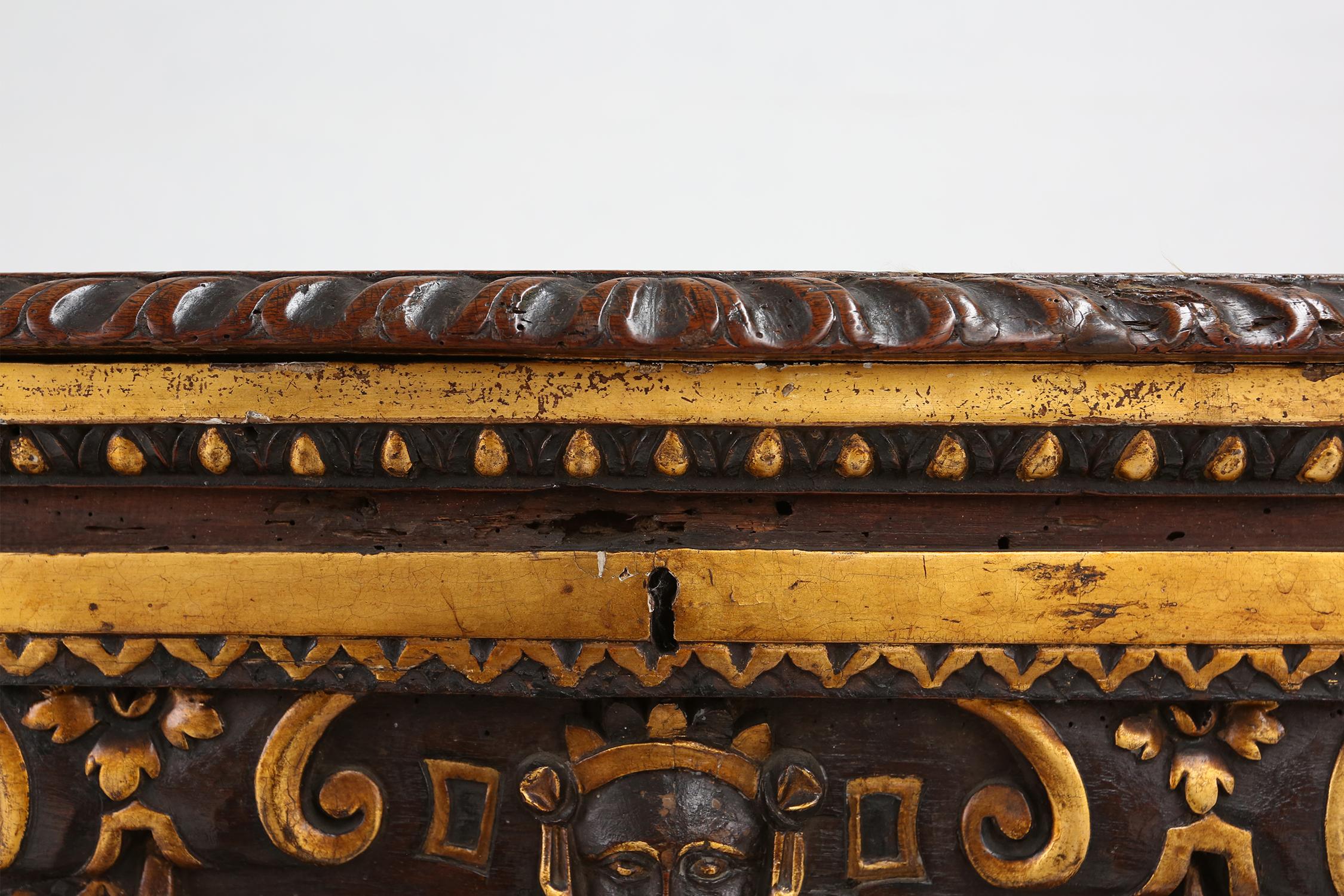 Polychromed Large 16th century carved and polychroom painted oak Venetian chest, Italy For Sale