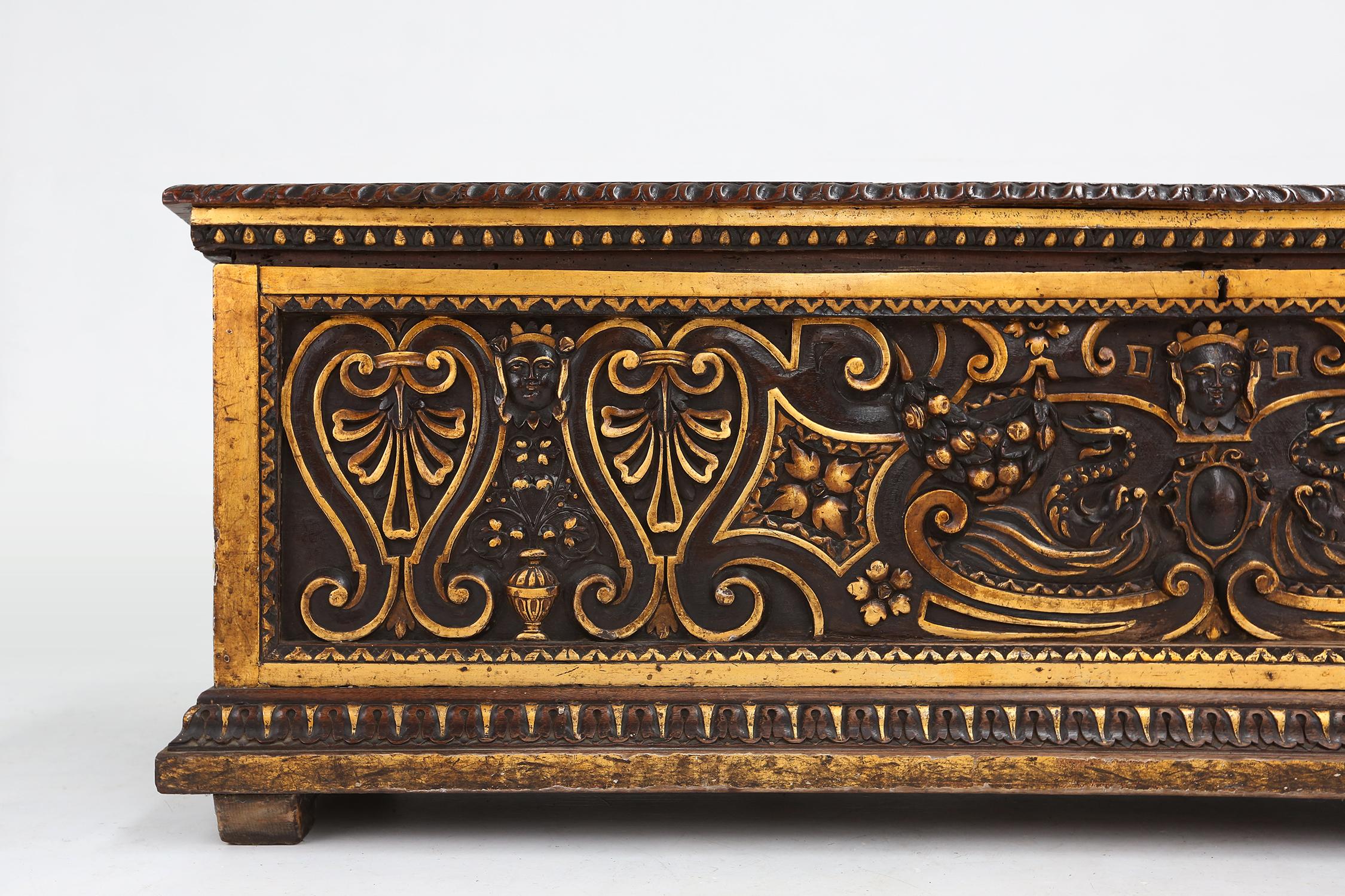18th Century and Earlier Large 16th century carved and polychroom painted oak Venetian chest, Italy For Sale