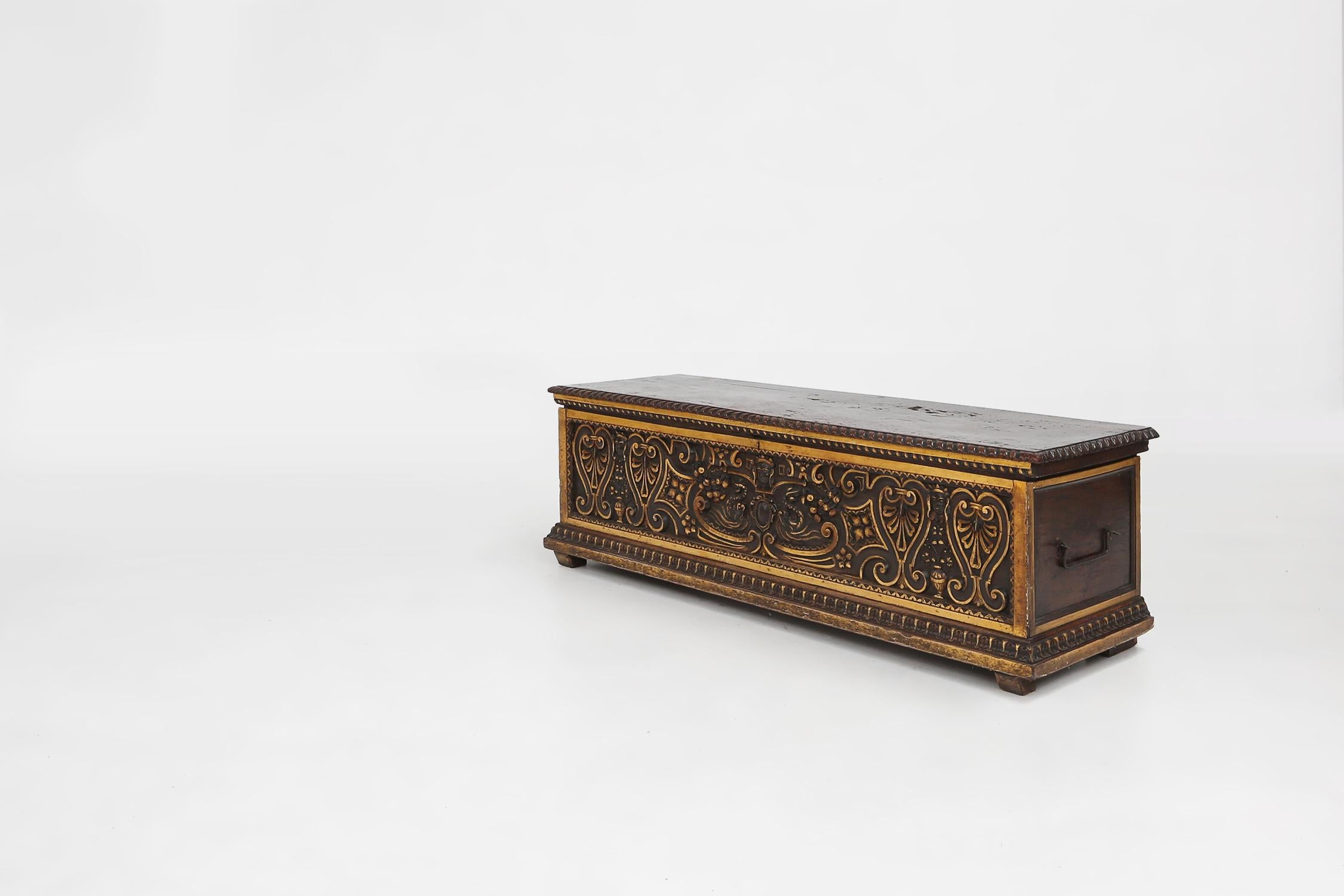 Wood Large 16th century carved and polychroom painted oak Venetian chest, Italy For Sale