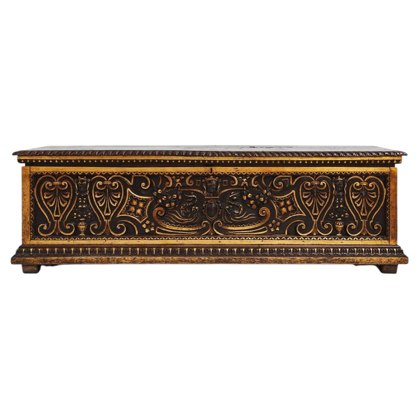 Large 16th century carved and polychroom painted oak Venetian chest, Italy