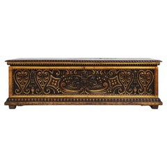 Large 16th century carved and polychroom painted oak Venetian chest, Italy