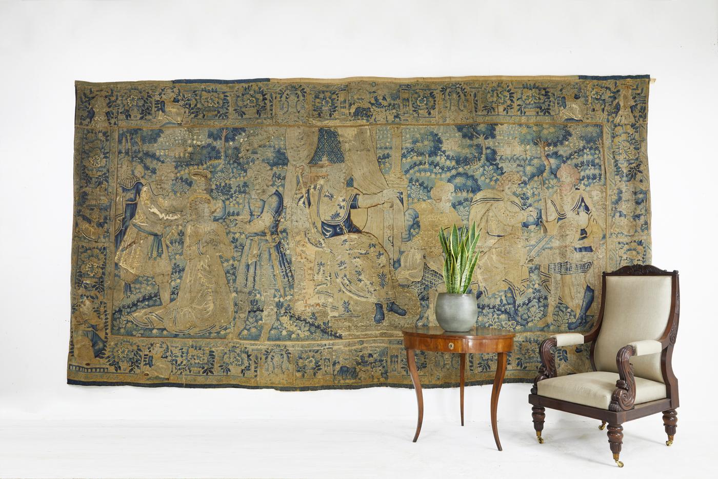 Large 16th century Flemish tapestry, beautifully faded over the centuries. Woven wool, silk and hemp. May have been reduced in height some time ago, circa 1580. Would make a beautiful backdrop.