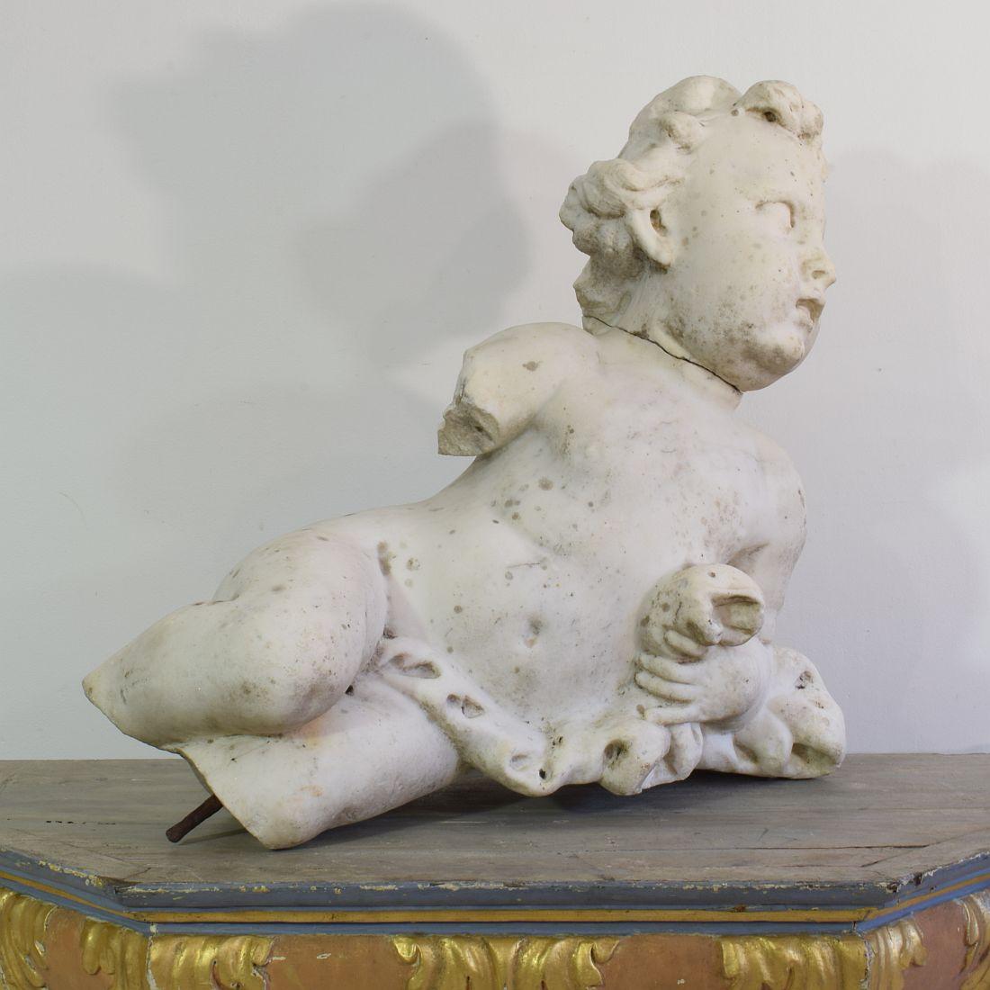 Hand-Carved Large 17/18th Century Italian Carved Carrara Marble Baroque Angel Fragment For Sale