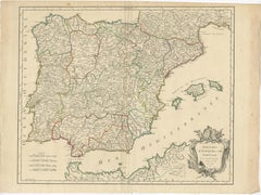 Large 1750 Map of the Kingdoms of Spain and Portugal by Robert de Vaugondy