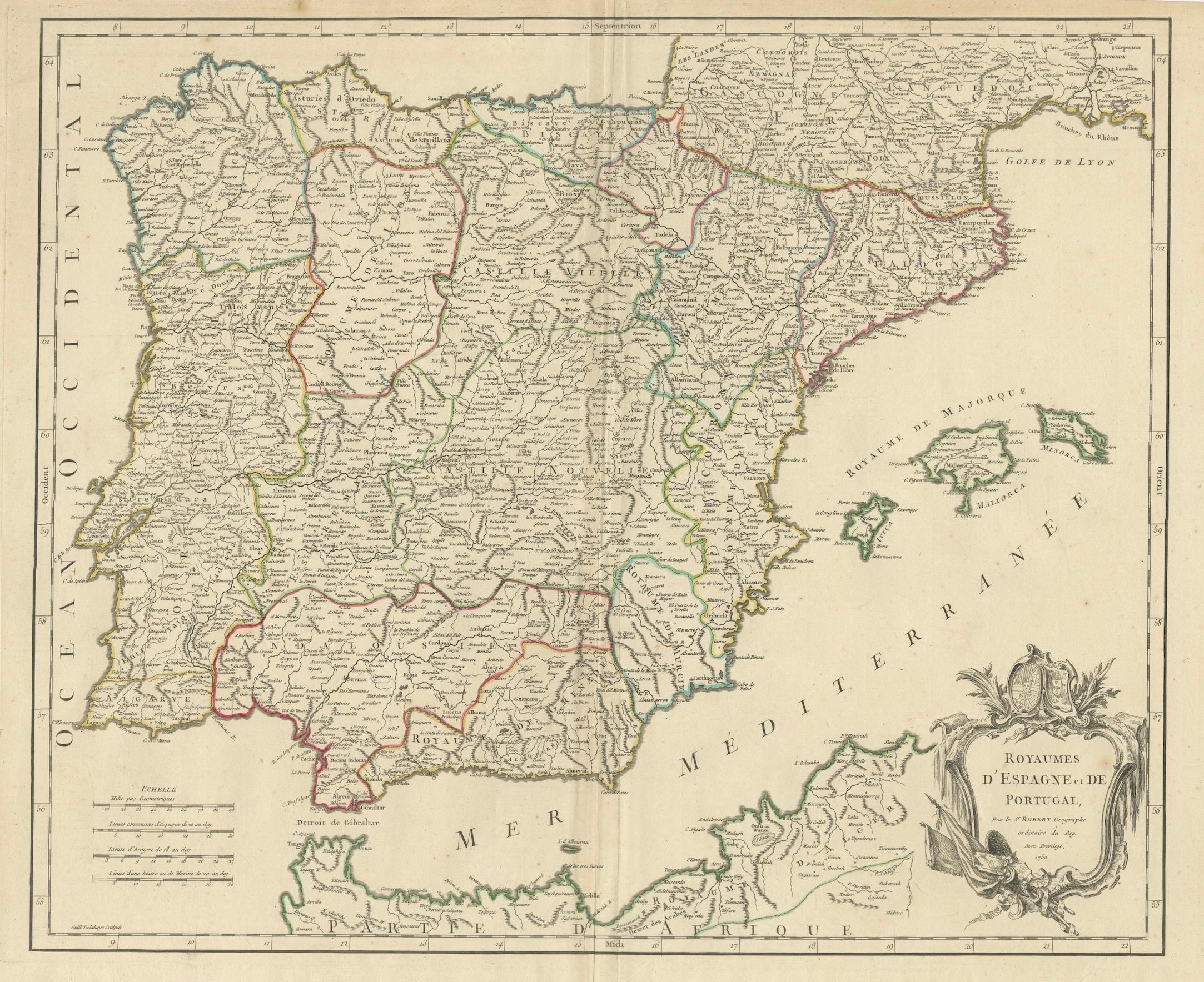 Large 1750 Map of the Kingdoms of Spain and Portugal by Robert de Vaugondy In Good Condition For Sale In Langweer, NL