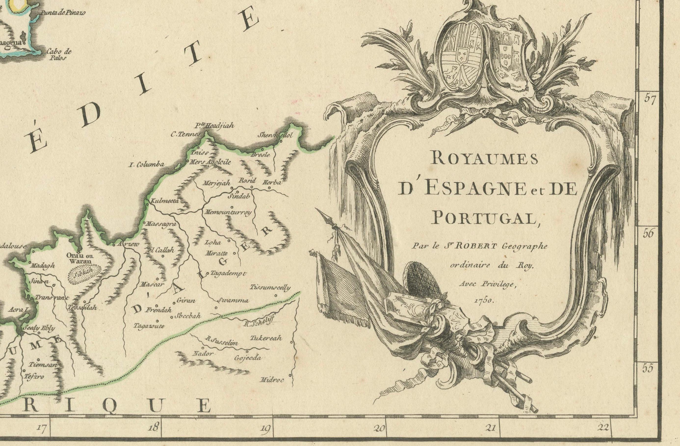 18th Century Large 1750 Map of the Kingdoms of Spain and Portugal by Robert de Vaugondy For Sale