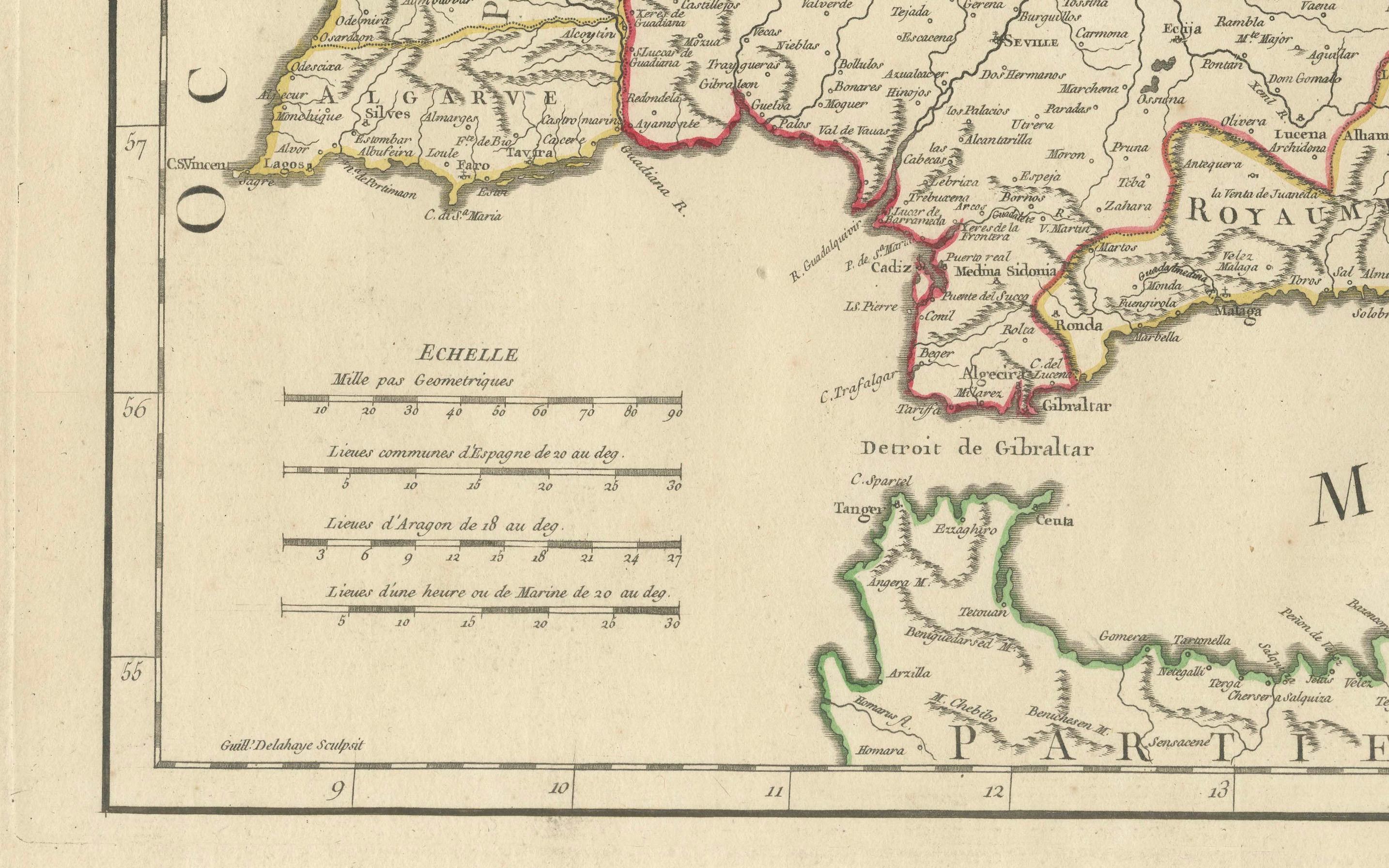 Paper Large 1750 Map of the Kingdoms of Spain and Portugal by Robert de Vaugondy For Sale