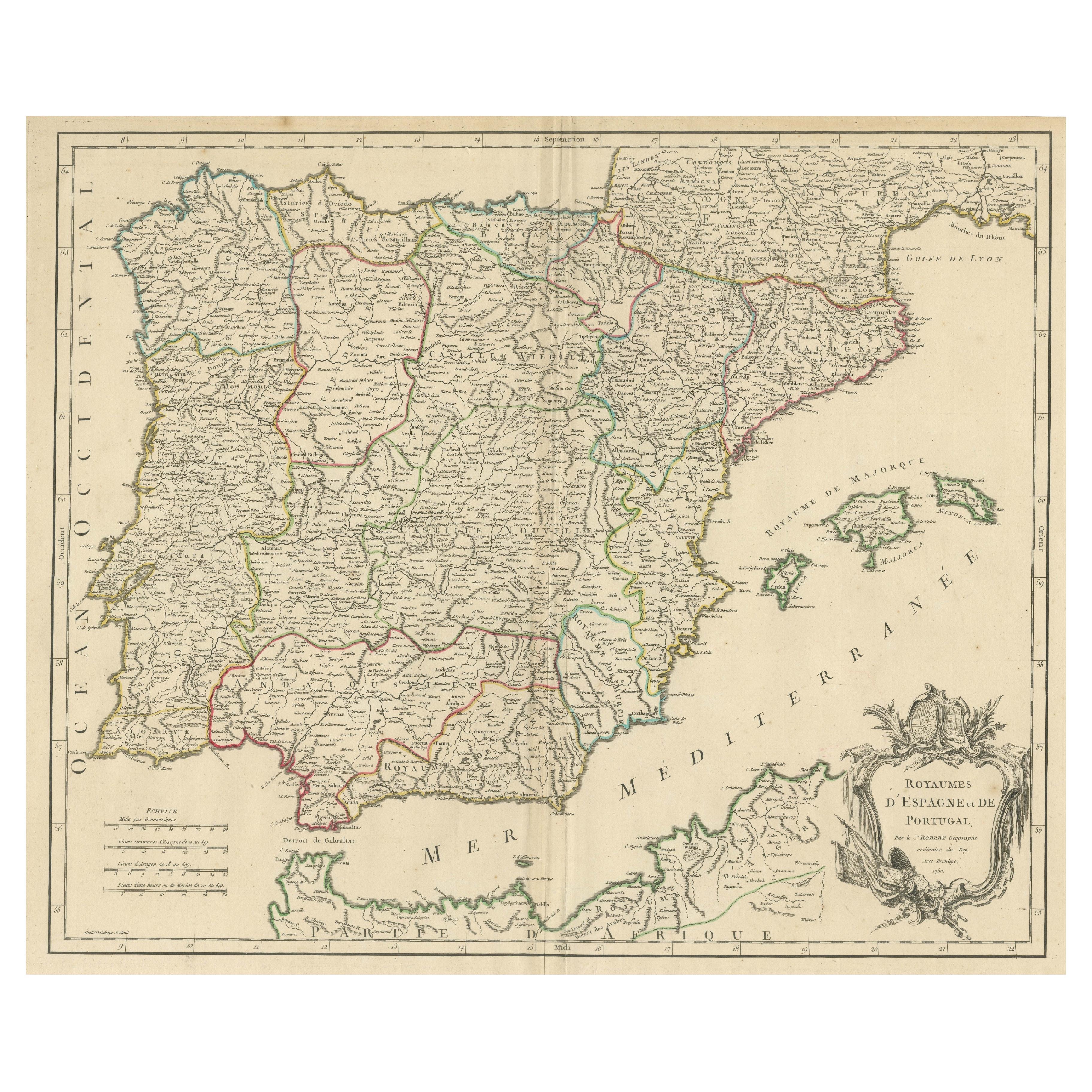 Large 1750 Map of the Kingdoms of Spain and Portugal by Robert de Vaugondy For Sale