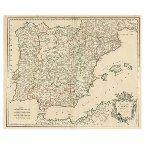 Large 1750 Map of the Kingdoms of Spain and Portugal by Robert de Vaugondy
