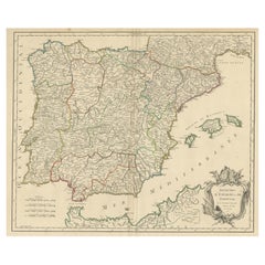 Grande mappa del 1750 dei regni di Spagna e Portogallo di Robert de Vaugondy