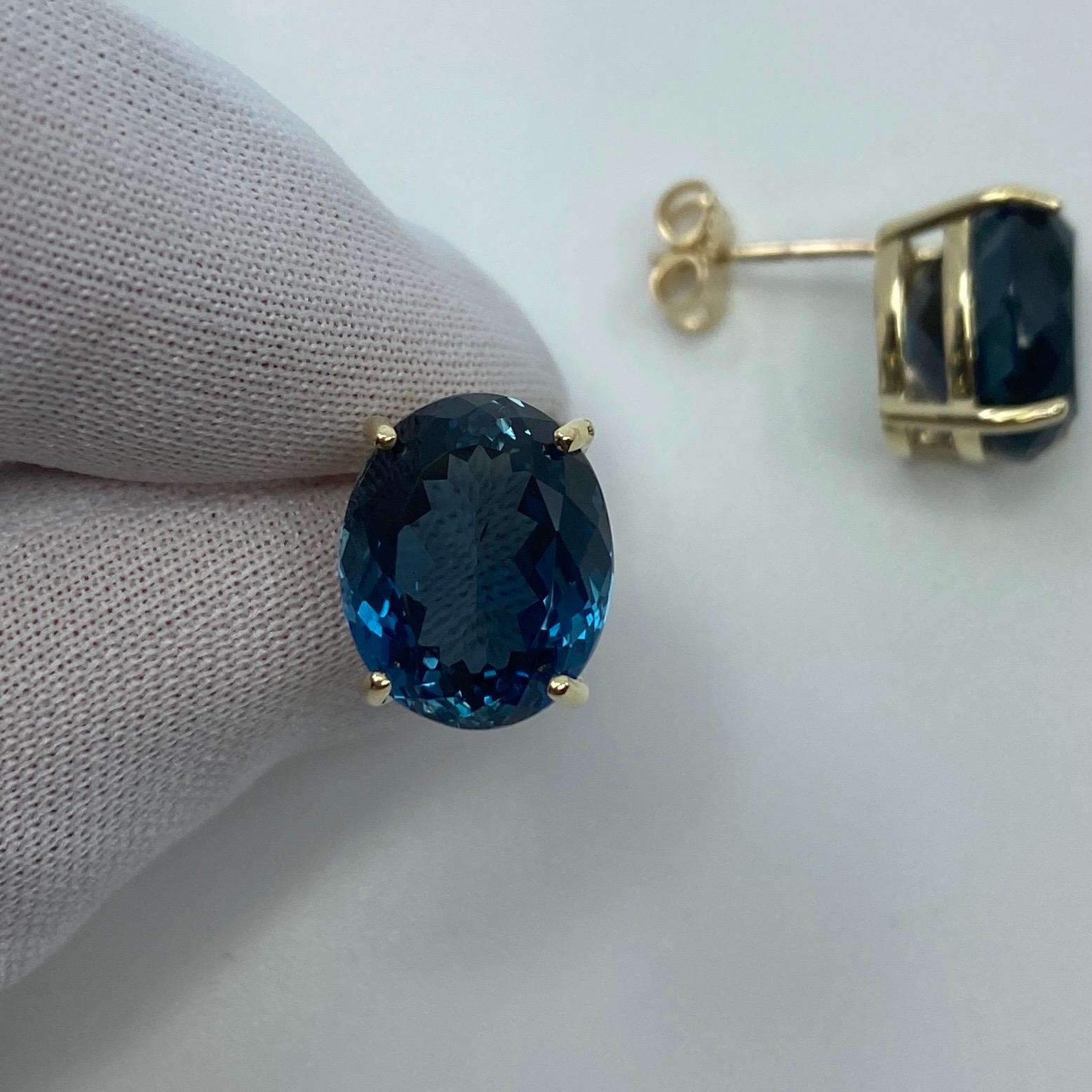 Large 17.53ct Fine London Blue Topaz Oval Cut Yellow Gold Earring Studs For Sale 5