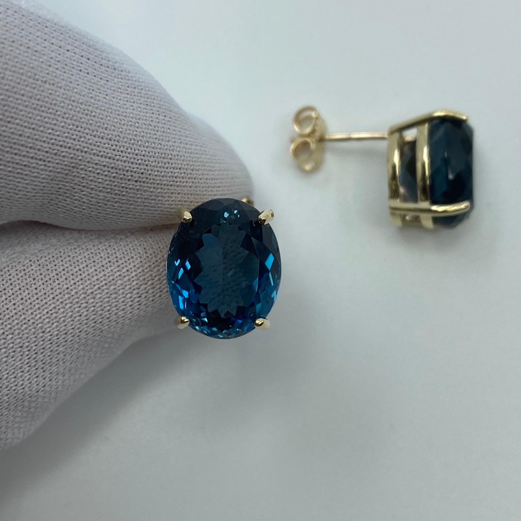 Large 17.53ct Fine London Blue Topaz Oval Cut Yellow Gold Earring Studs For Sale 6