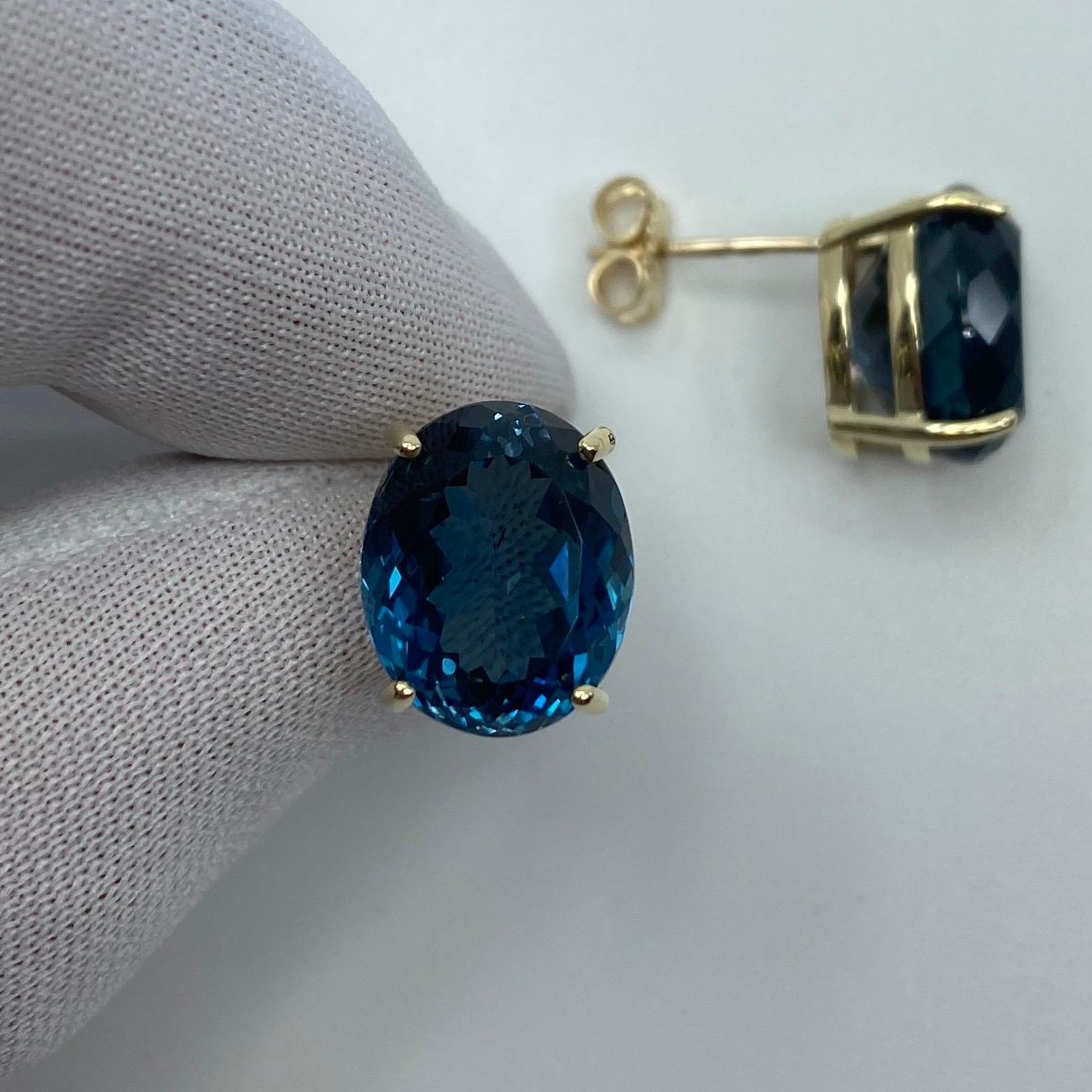 Natural London Blue Topaz Oval Cut Yellow Gold Earring Studs.

Beautiful 14x10mm matching pair of oval topaz with vivid London blue colour, excellent clarity and an excellent oval cut.
Very large 17.53 total carat weight.

Set in stunning 9k yellow