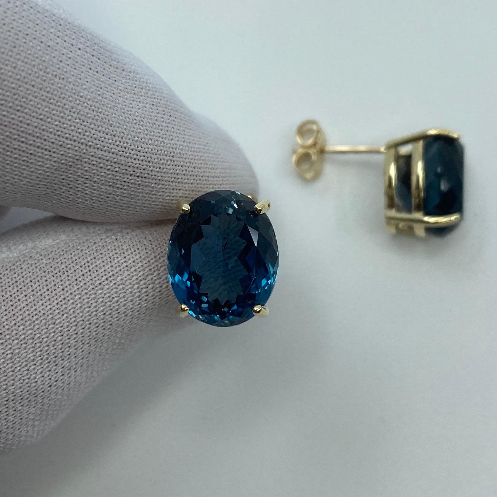 Large 17.53ct Fine London Blue Topaz Oval Cut Yellow Gold Earring Studs In New Condition For Sale In Birmingham, GB