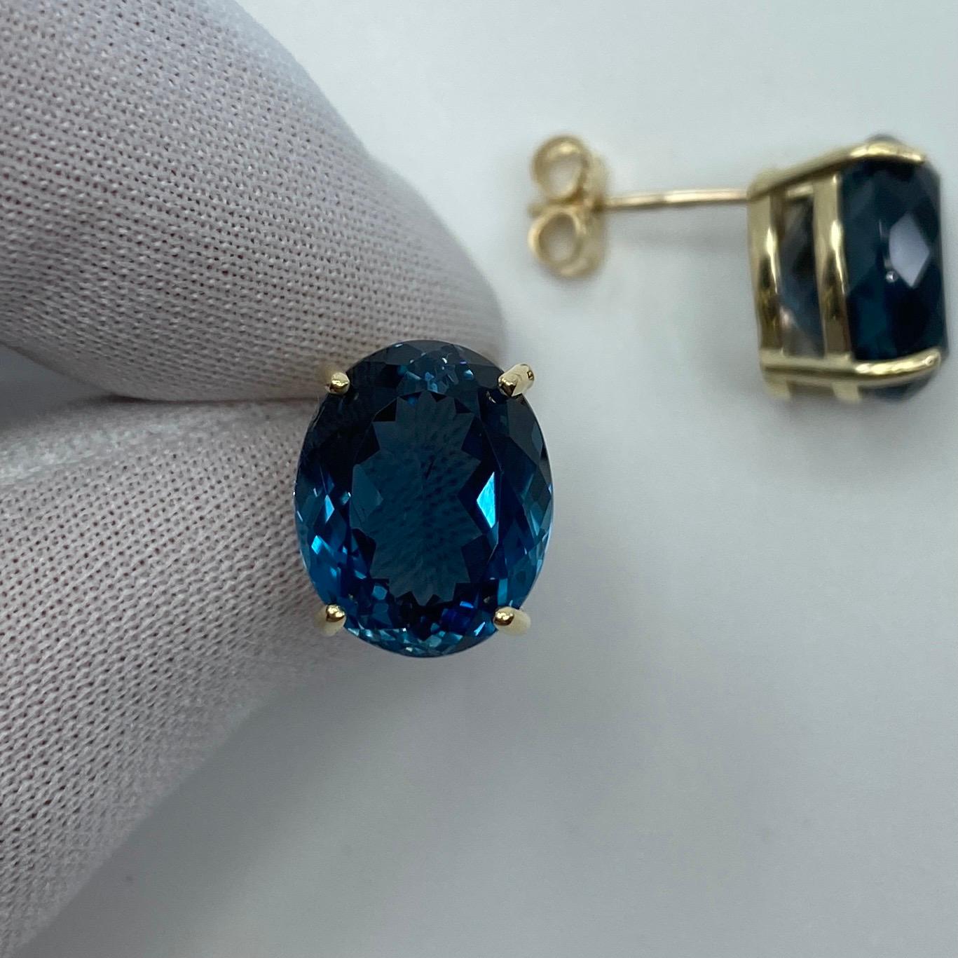 Large 17.53ct Fine London Blue Topaz Oval Cut Yellow Gold Earring Studs For Sale 1