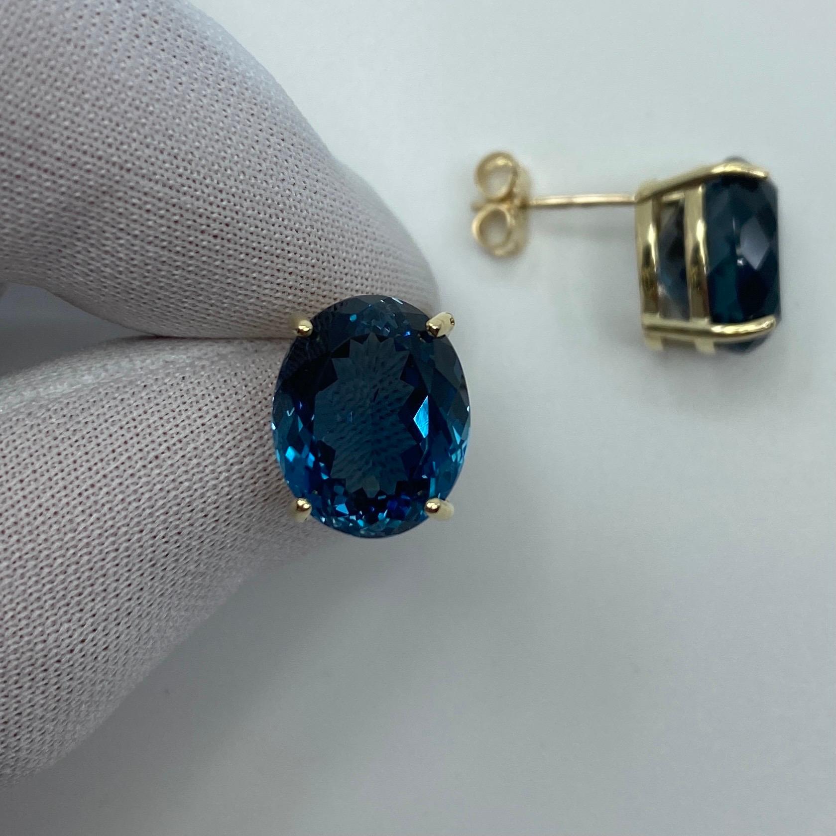 Grandes clous d'oreilles en or jaune de 17,53 carats avec topaze bleue de Londres de taille ovale en vente 2