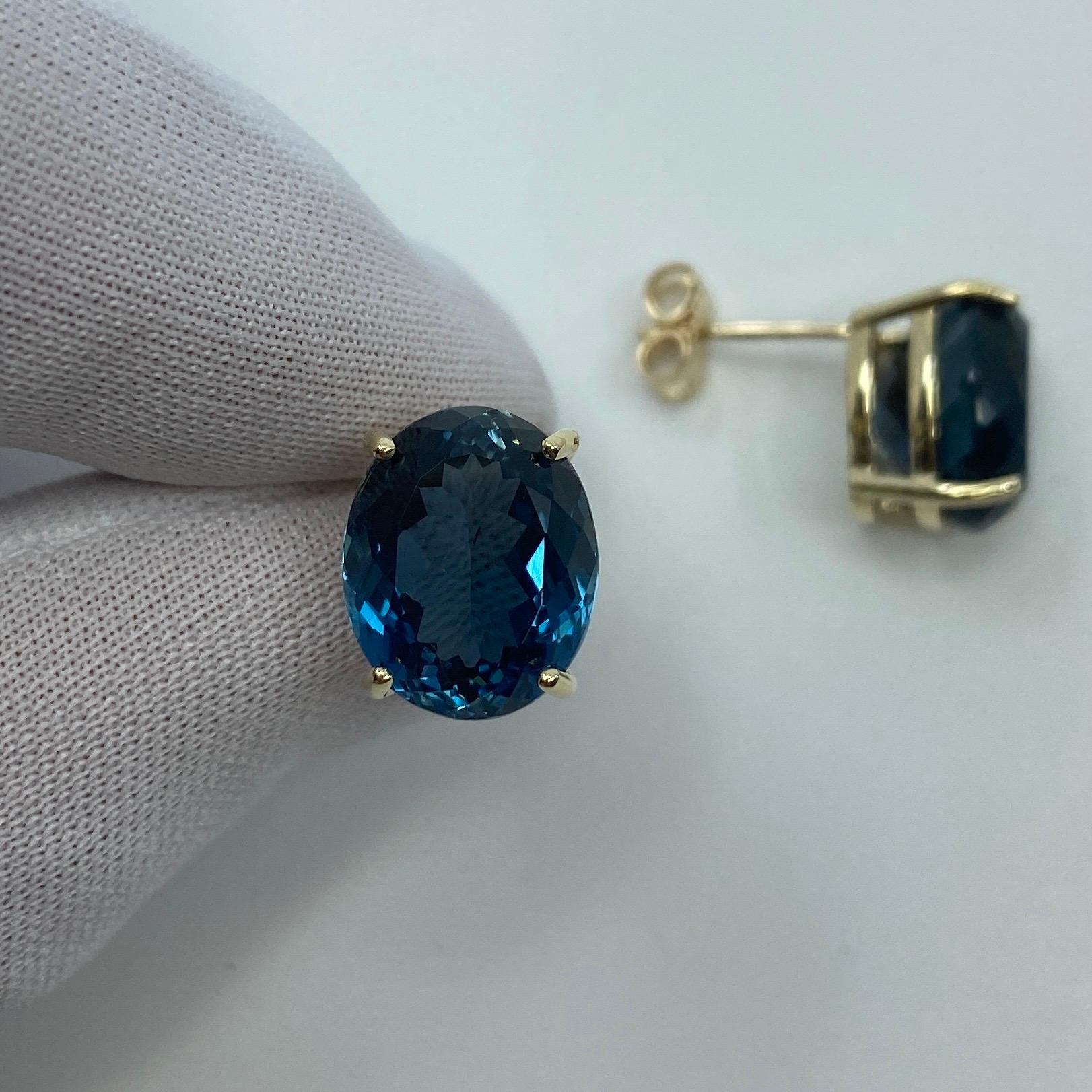 Large 17.53ct Fine London Blue Topaz Oval Cut Yellow Gold Earring Studs For Sale 3
