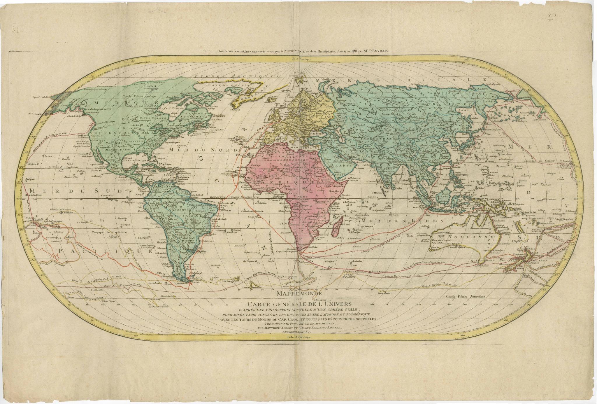 Title: 1778 Lotter World Map - Ovoid Projection with Captain Cook's First Voyage Routes

Description: This rare 1778 map, 