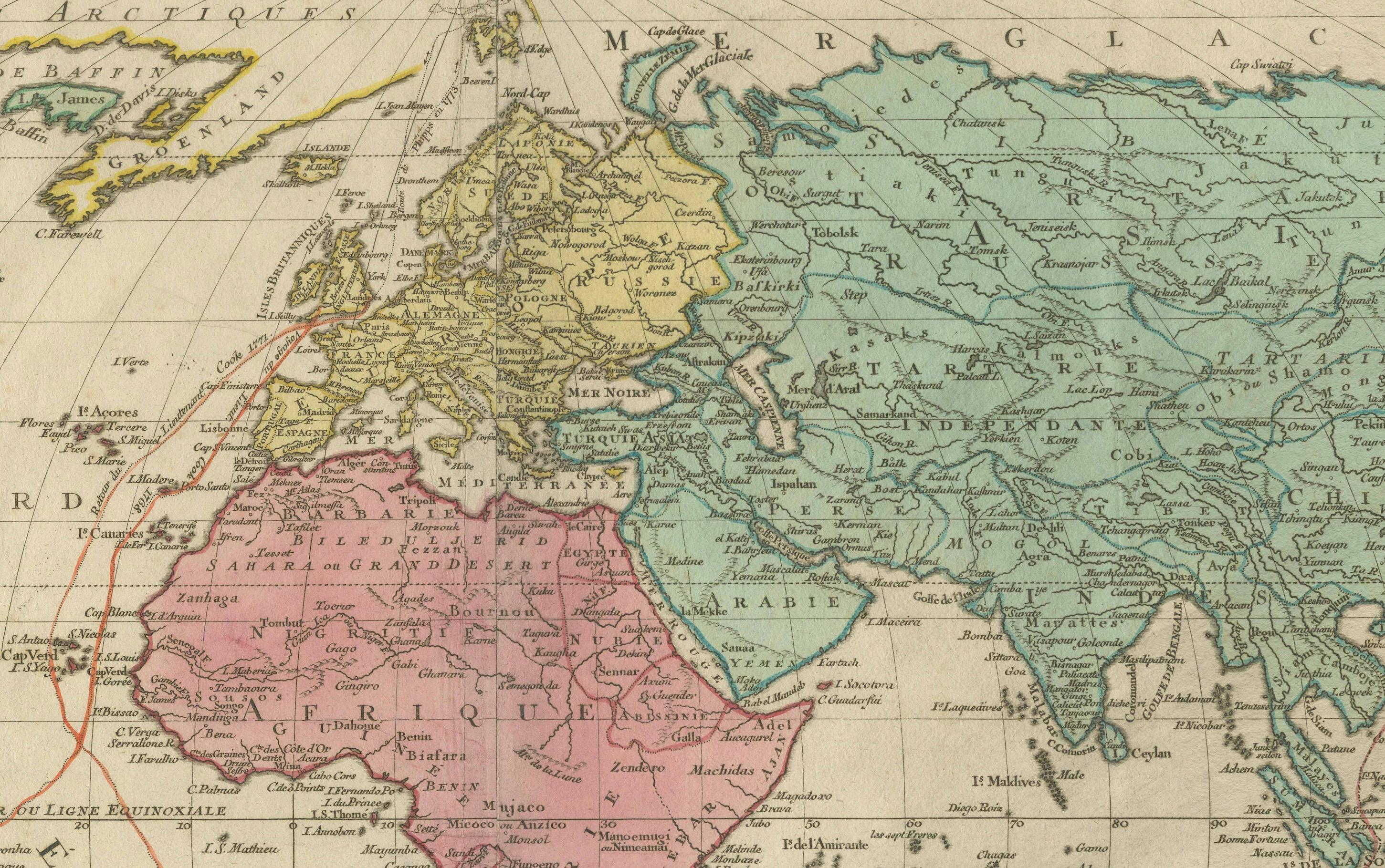 Engraved Large 1778 Lotter World Map - Ovoid Projection with Captain Cook's Voyage Routes
